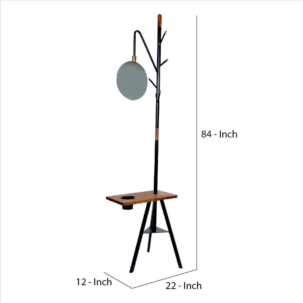 84 Inch Metal Coat Rack, Built In Mirror and Acacia Wood Accessory Table, Brown, Black By The Urban Port