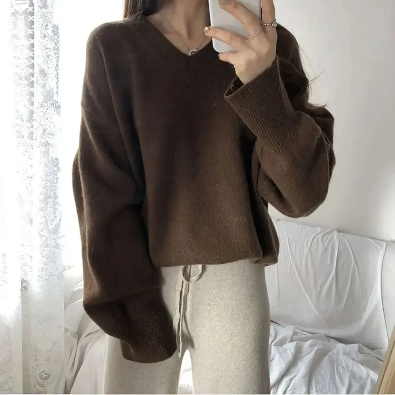 Aiertu FALL OUTFIT Sweater Pullovers Women Spring New Chic Solid V-neck All-match Loose Simple Female Fashion Vintage Elegant Clothing Leisure Soft