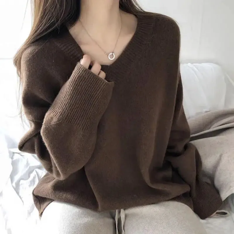 Aiertu FALL OUTFIT Sweater Pullovers Women Spring New Chic Solid V-neck All-match Loose Simple Female Fashion Vintage Elegant Clothing Leisure Soft