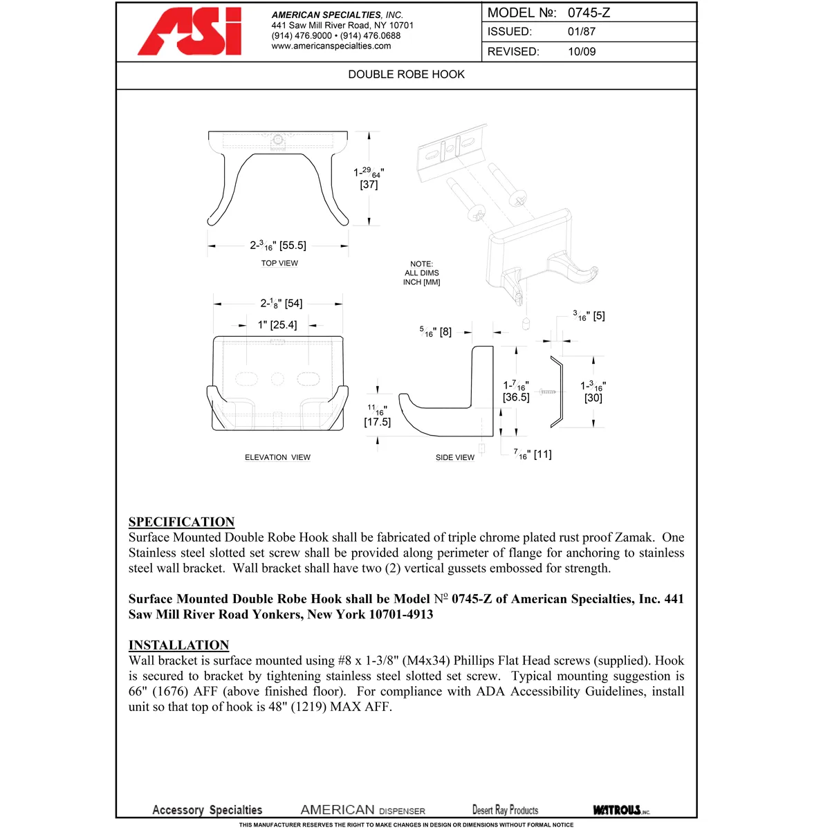 ASI 0745-Z, Commercial Double Robe Hook, Zamak w/ Chrome Finish