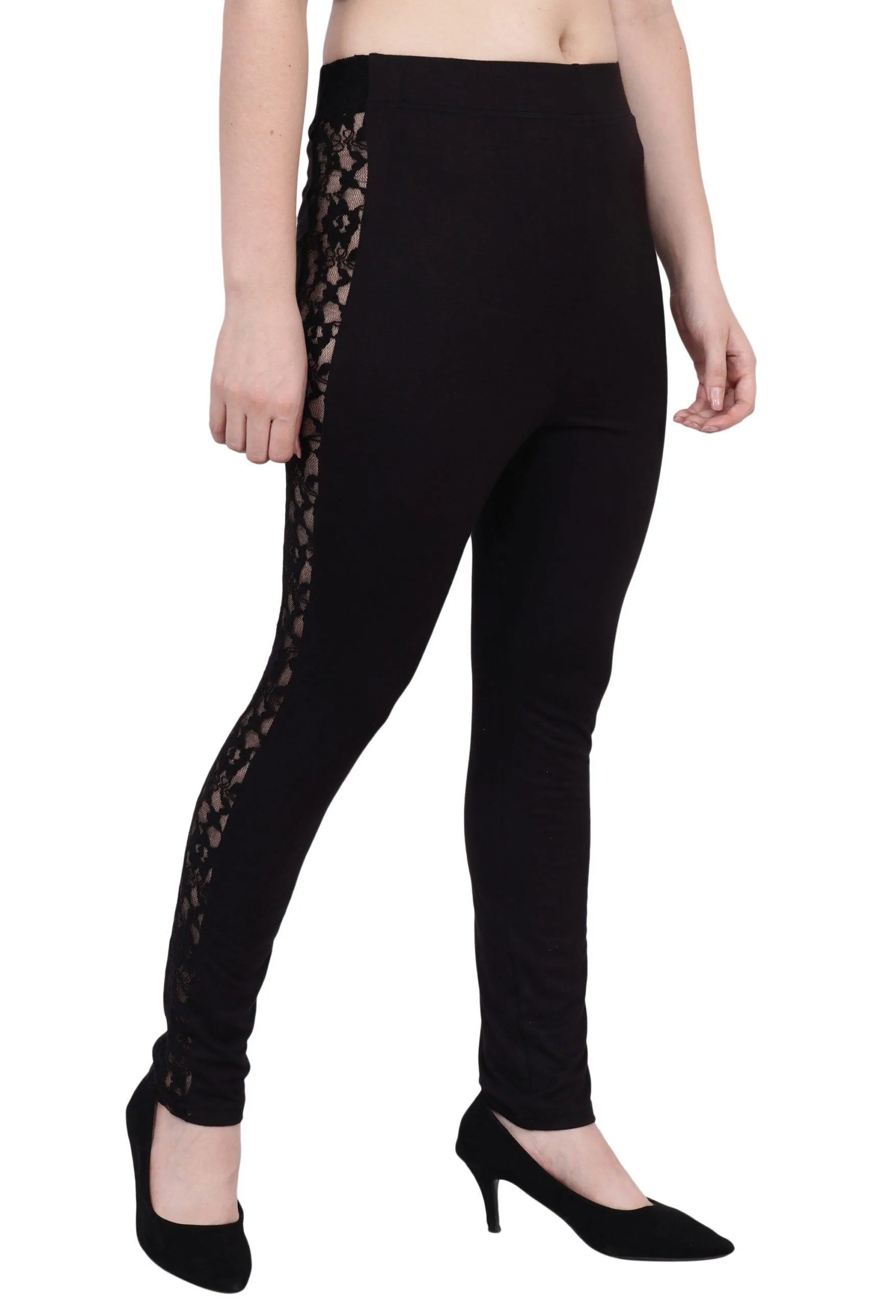 Black Solid Leggings with Side Mesh