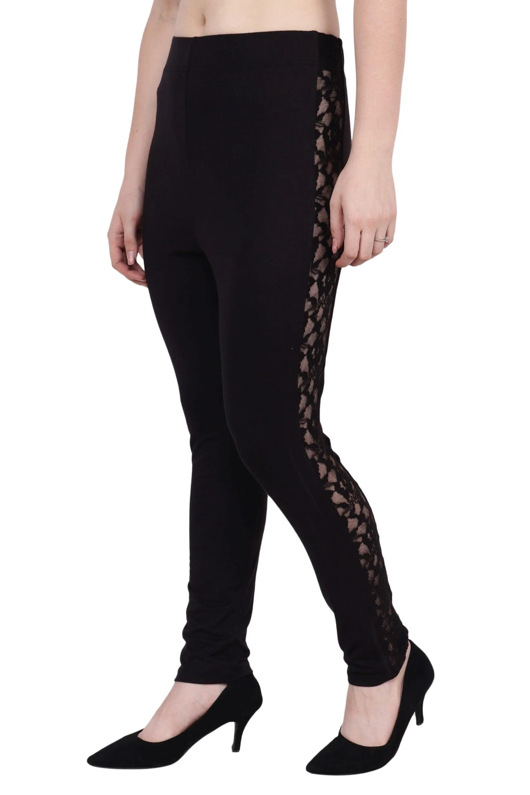 Black Solid Leggings with Side Mesh