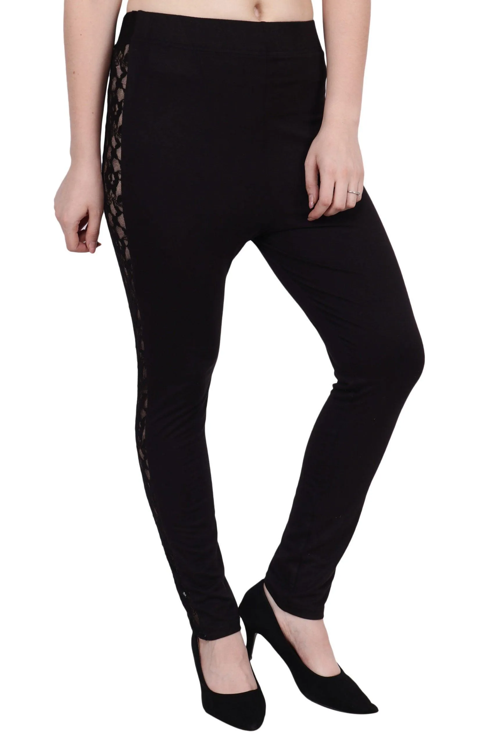 Black Solid Leggings with Side Mesh