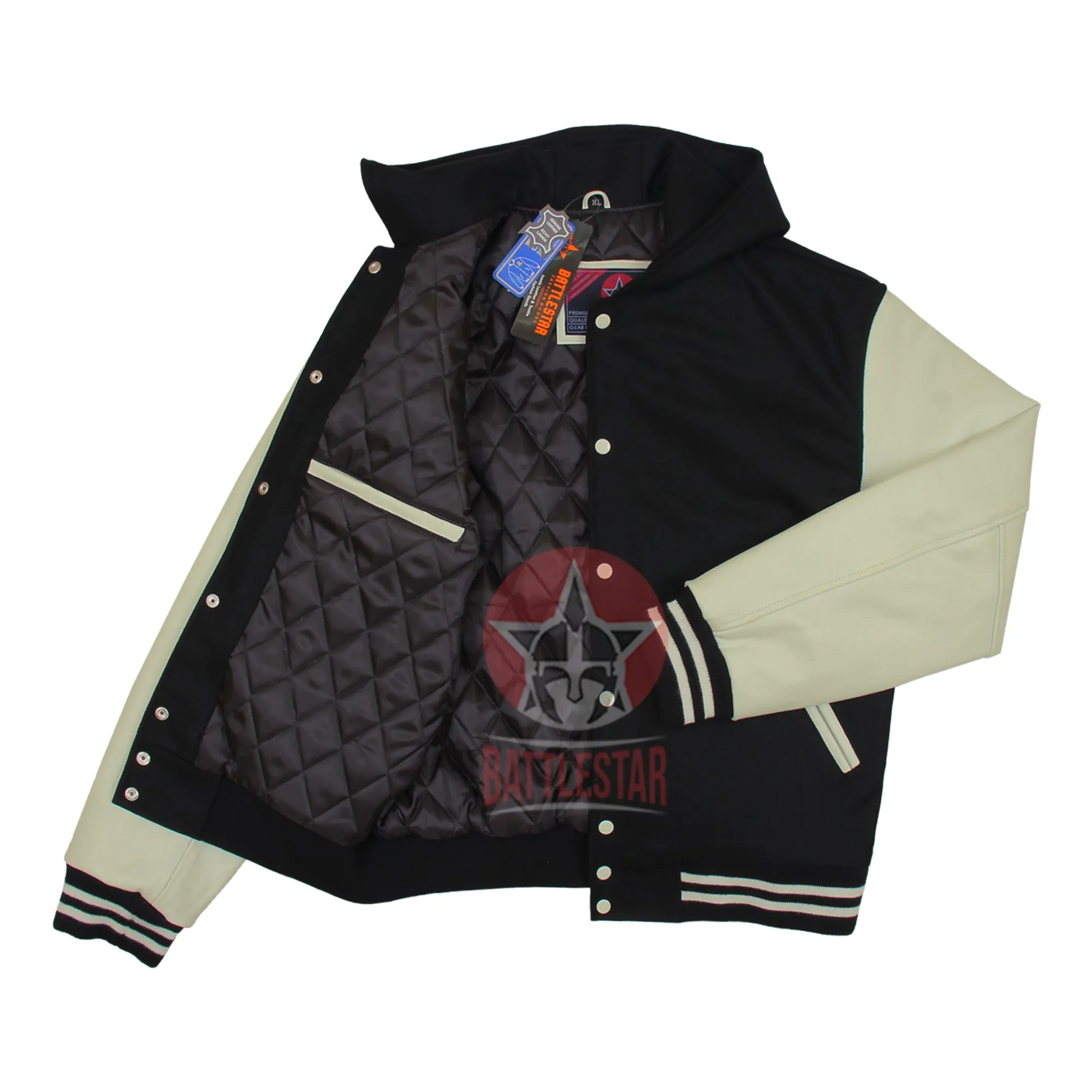 Black Wool Cream Leather Hooded Baseball Letterman Varsity Jacket