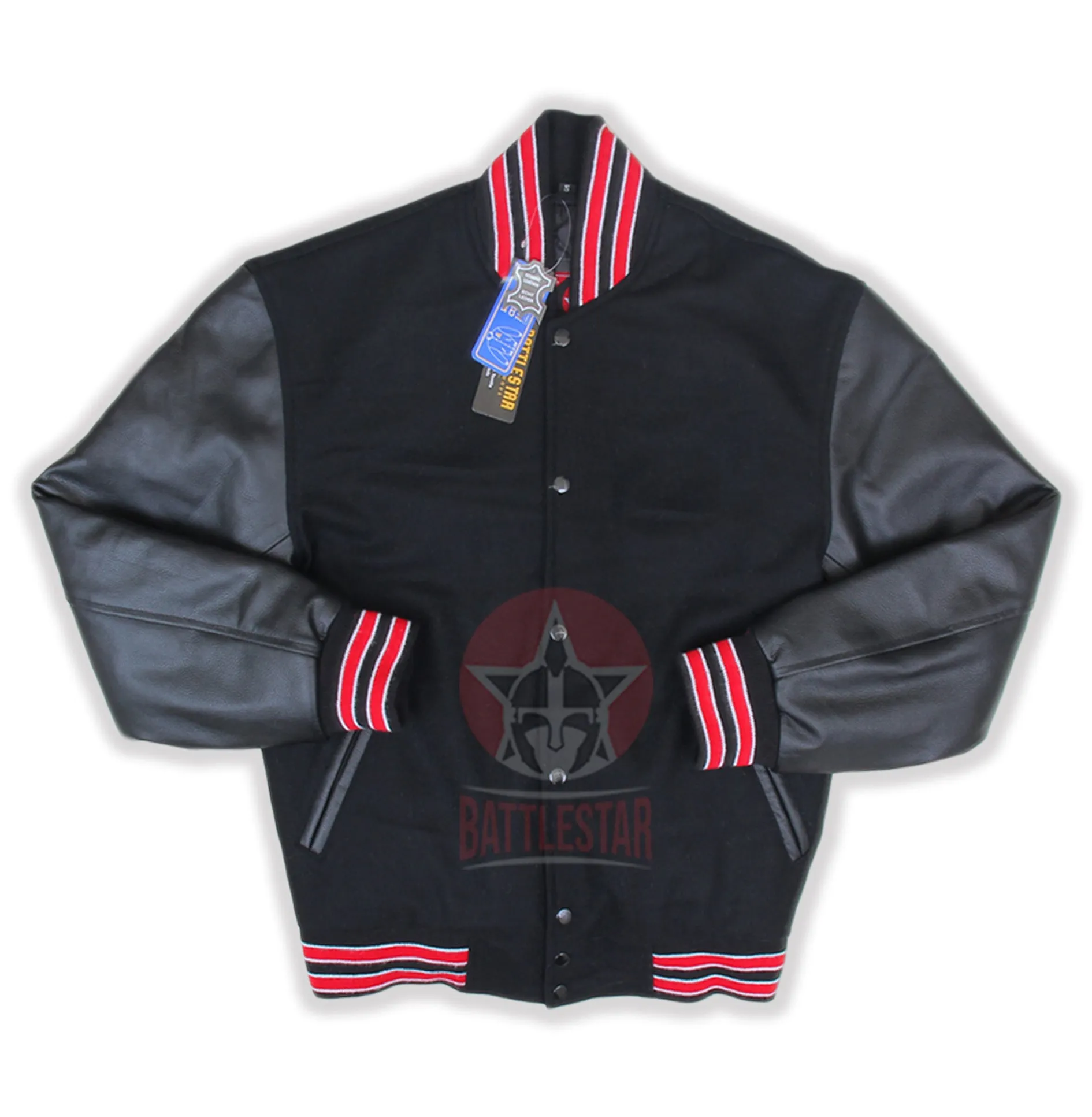 Black Wool Leather Varsity Jacket Black Red Rib With White Feathering