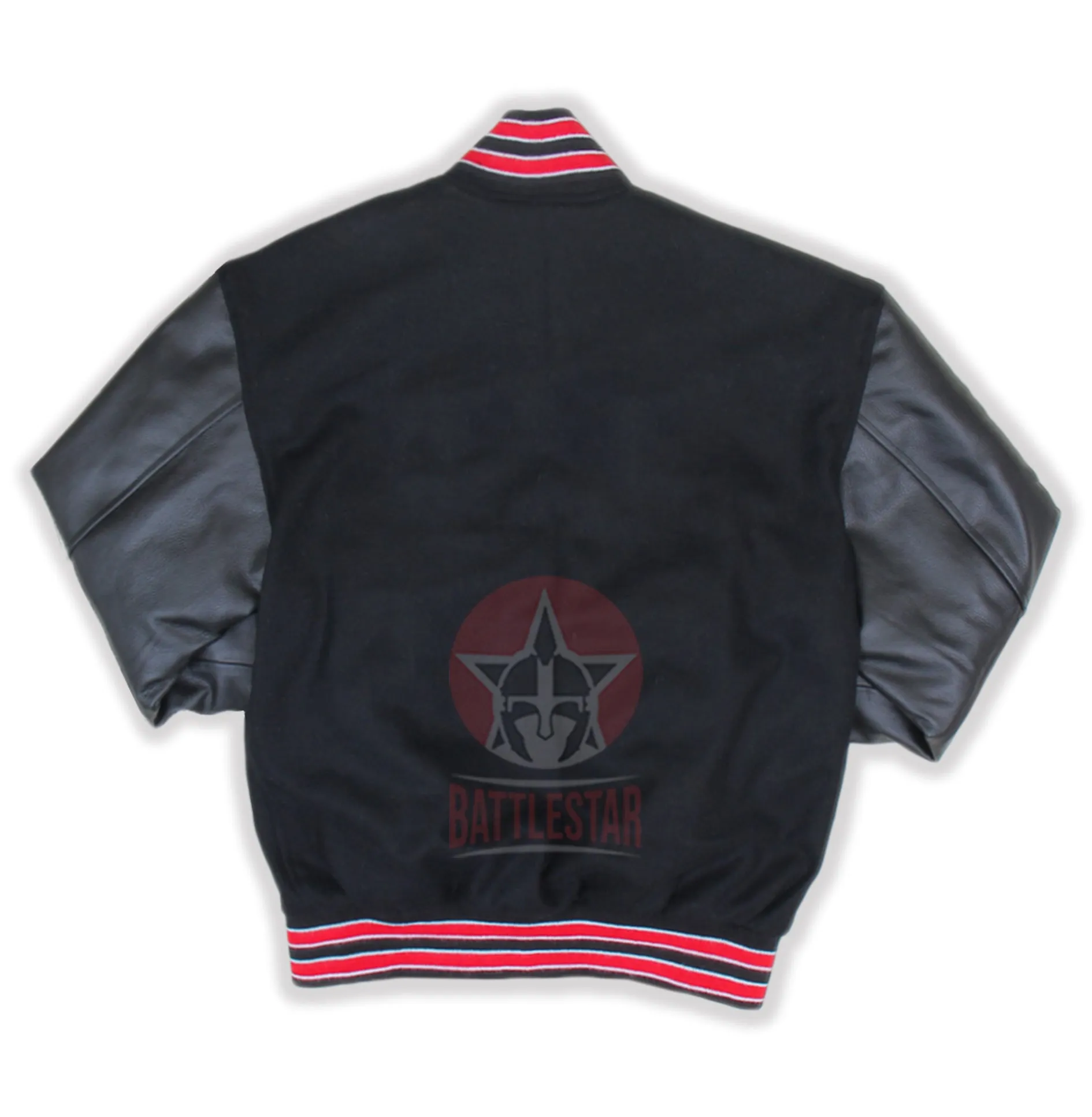 Black Wool Leather Varsity Jacket Black Red Rib With White Feathering