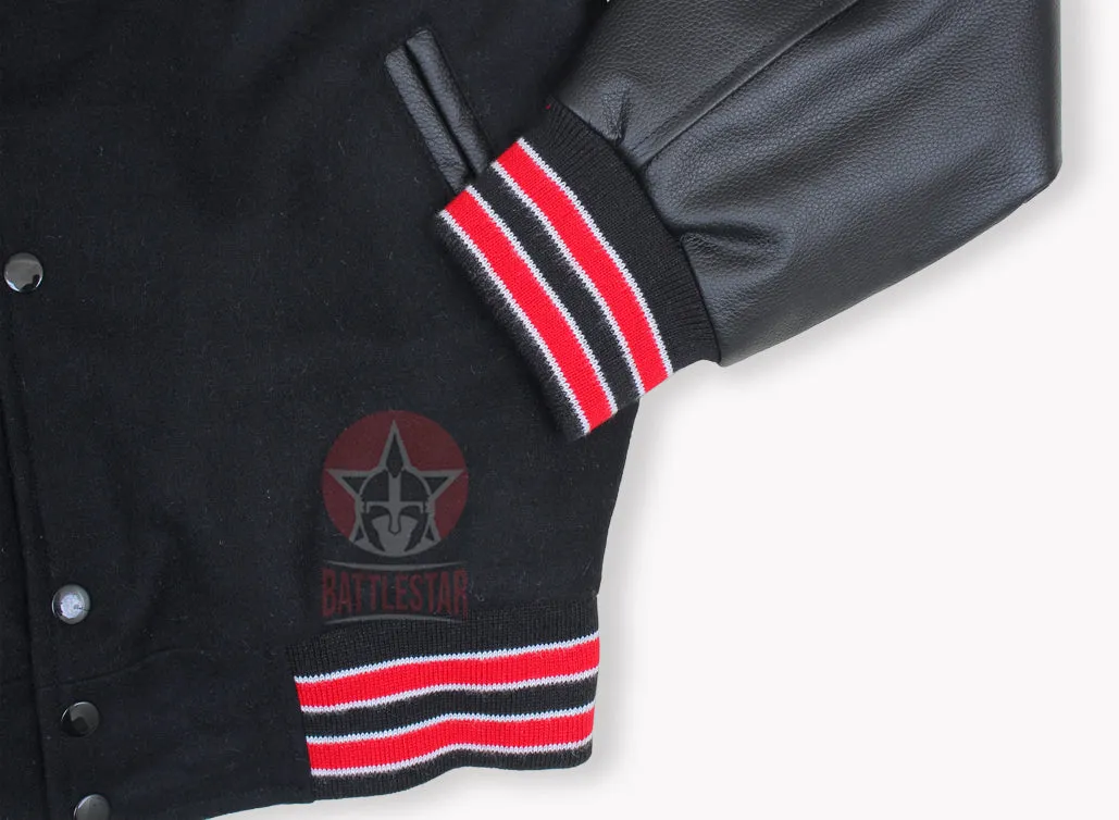 Black Wool Leather Varsity Jacket Black Red Rib With White Feathering