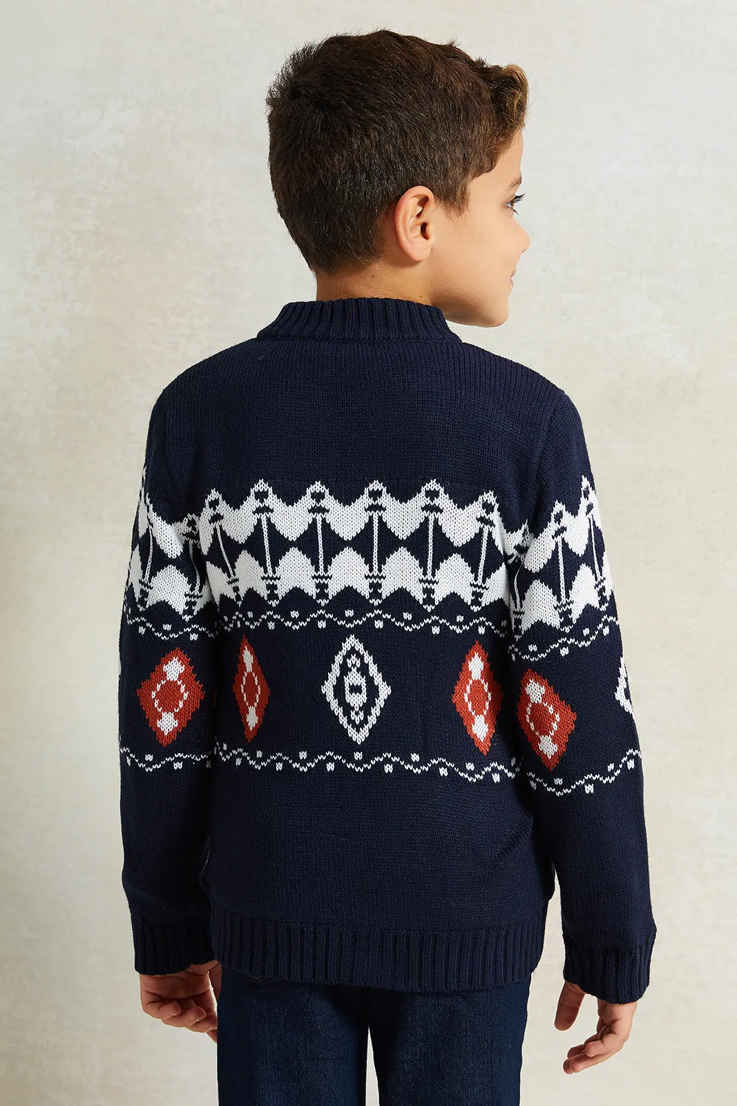 Boys Navy High Neck Zip Through Fur Lining Cardigan