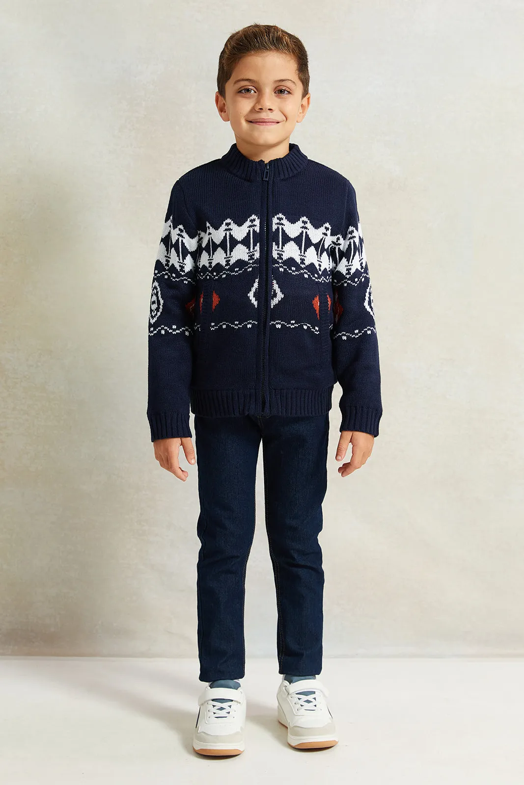 Boys Navy High Neck Zip Through Fur Lining Cardigan