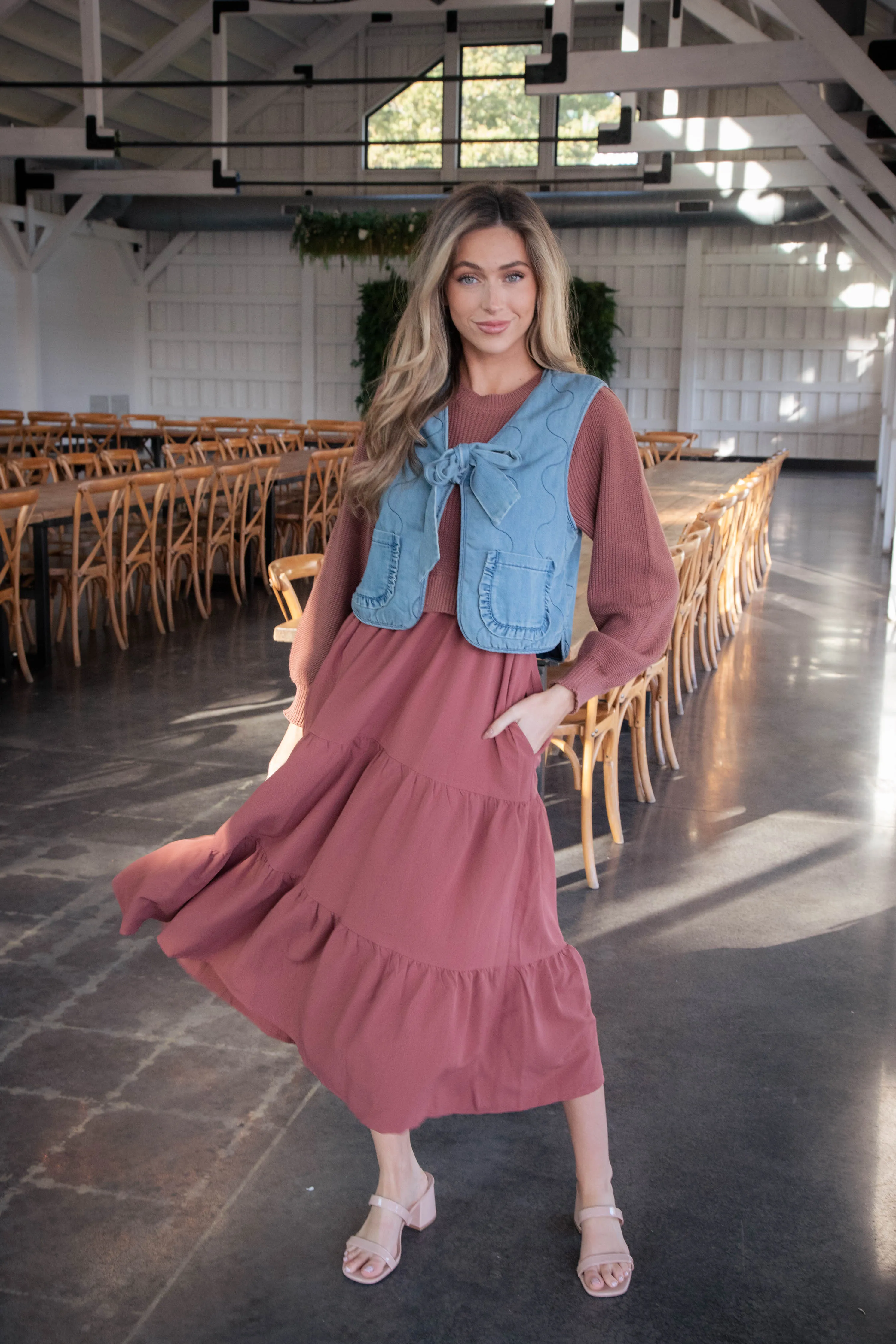 Brandi Curved Seam Bow Vest, Denim