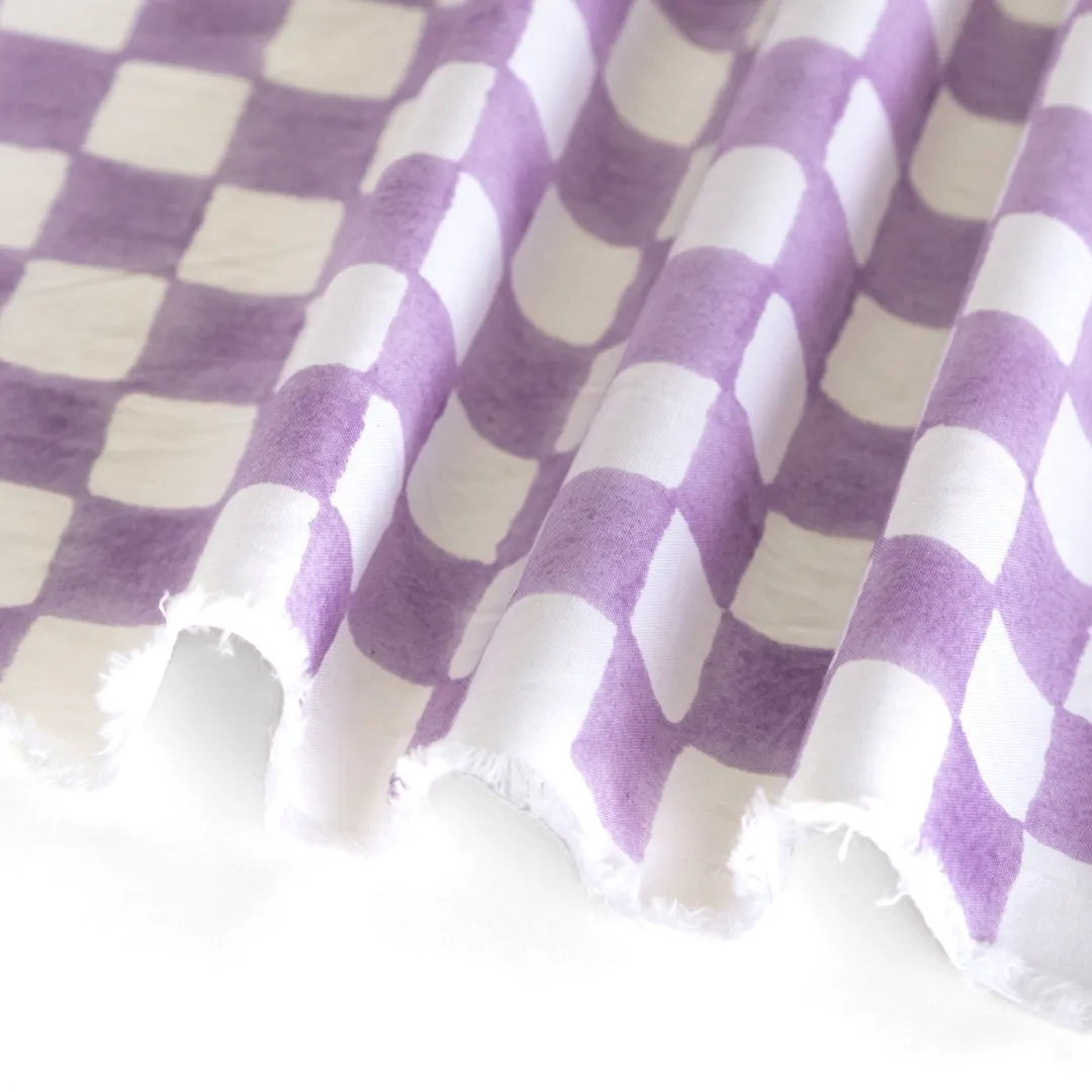 Checks Block Printed Organic Cotton Poplin - Lilac/White