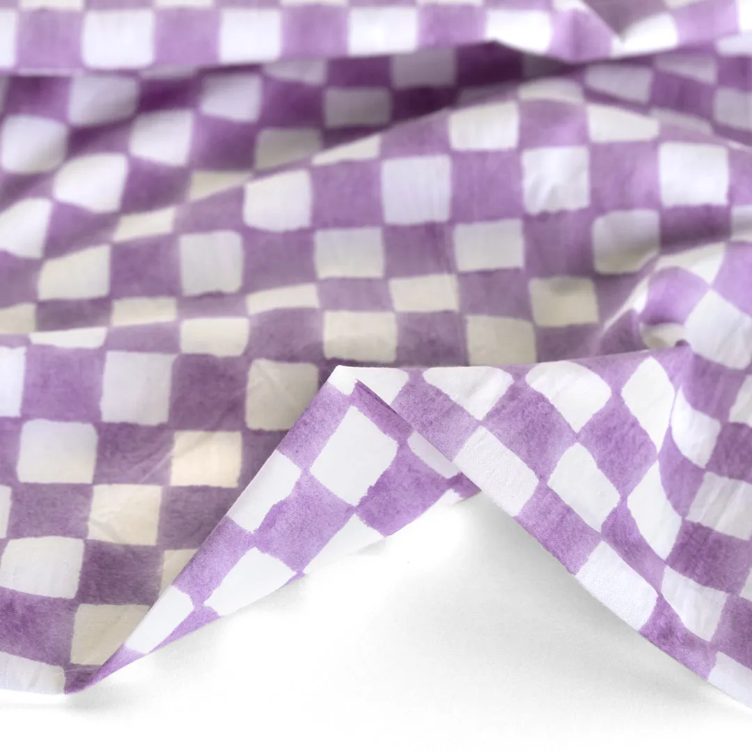 Checks Block Printed Organic Cotton Poplin - Lilac/White