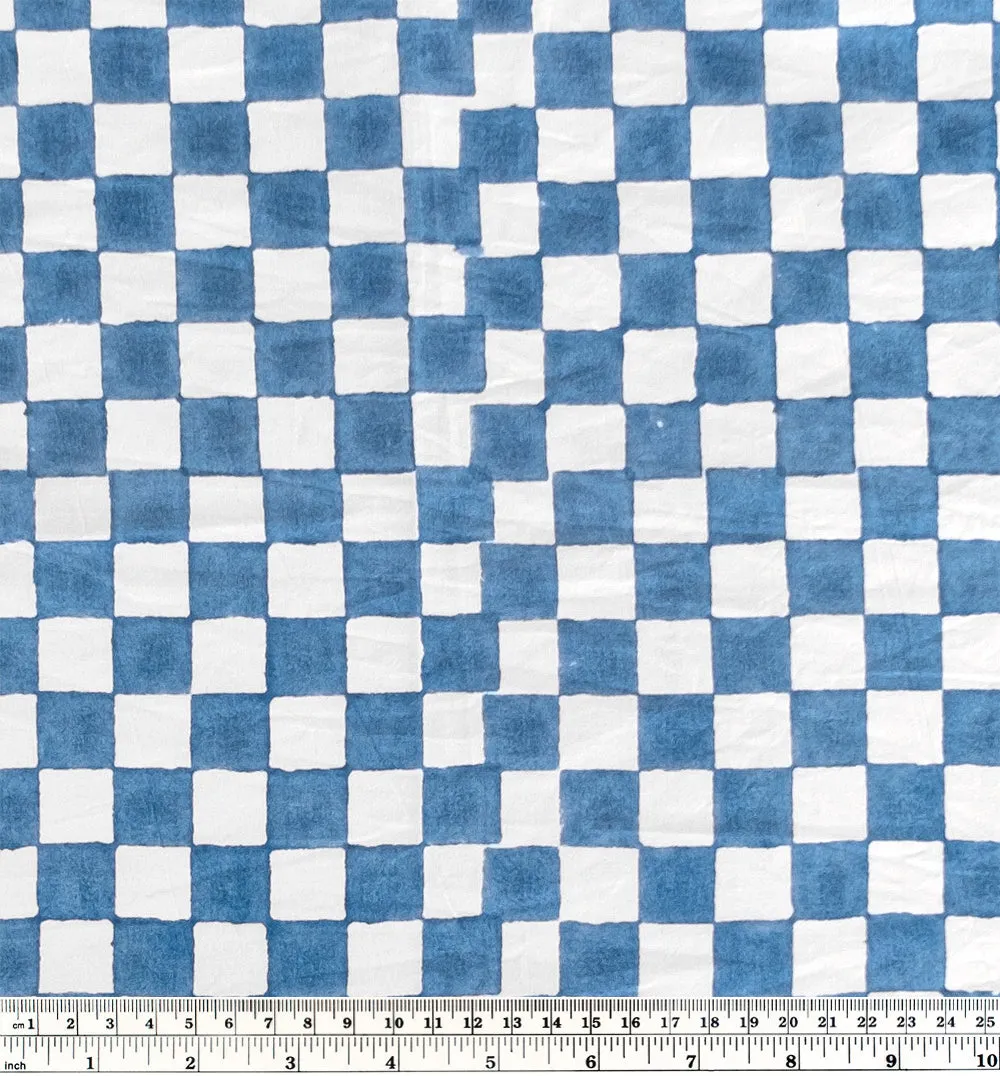 Checks Block Printed Organic Cotton Poplin - Ocean/White