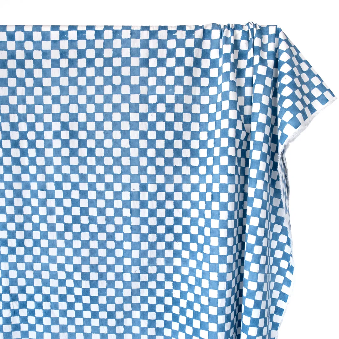 Checks Block Printed Organic Cotton Poplin - Ocean/White