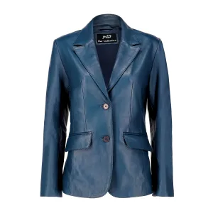 Classic 2-Button Lambskin Leather Blazer Women-Blue