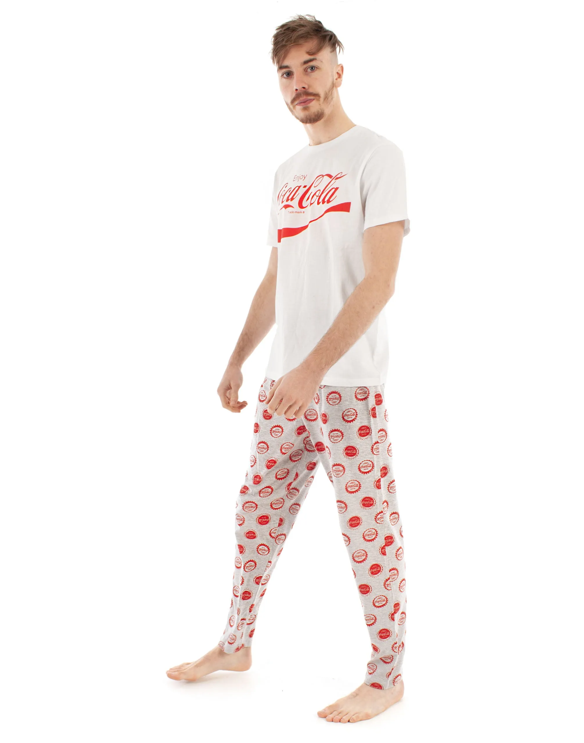 Coca Cola Mens White Short Sleeve Long Leg Pyjama Set