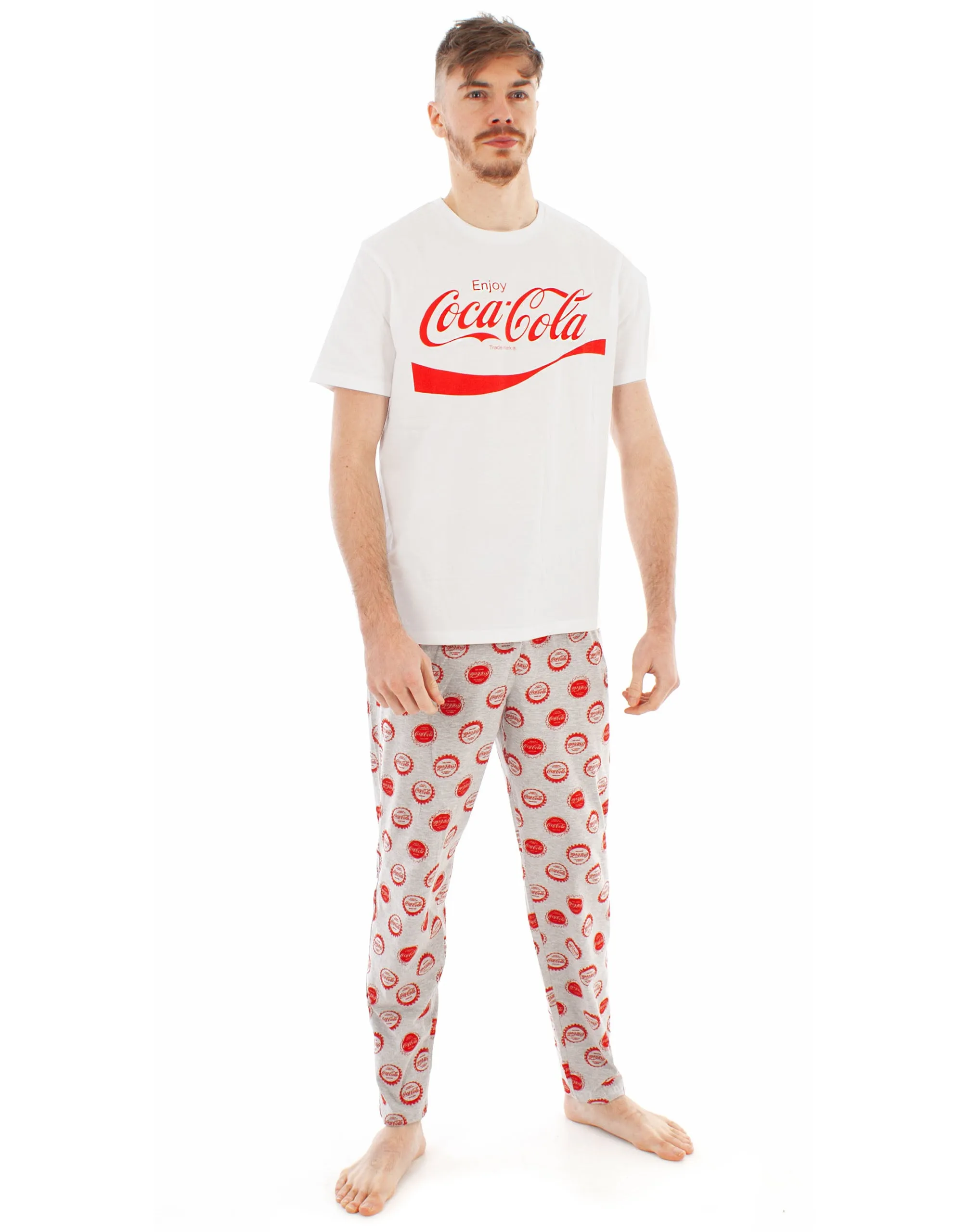 Coca Cola Mens White Short Sleeve Long Leg Pyjama Set