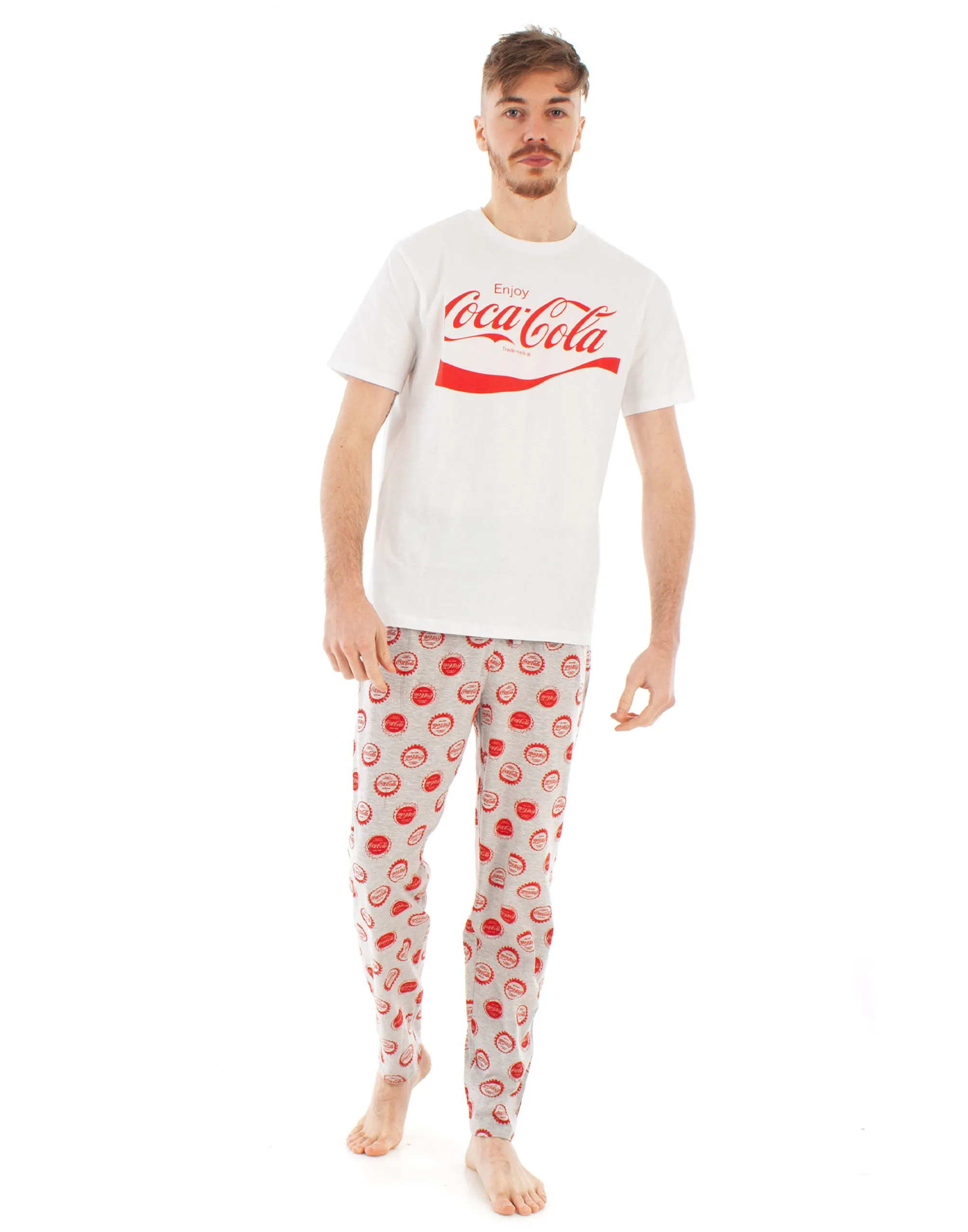 Coca Cola Mens White Short Sleeve Long Leg Pyjama Set