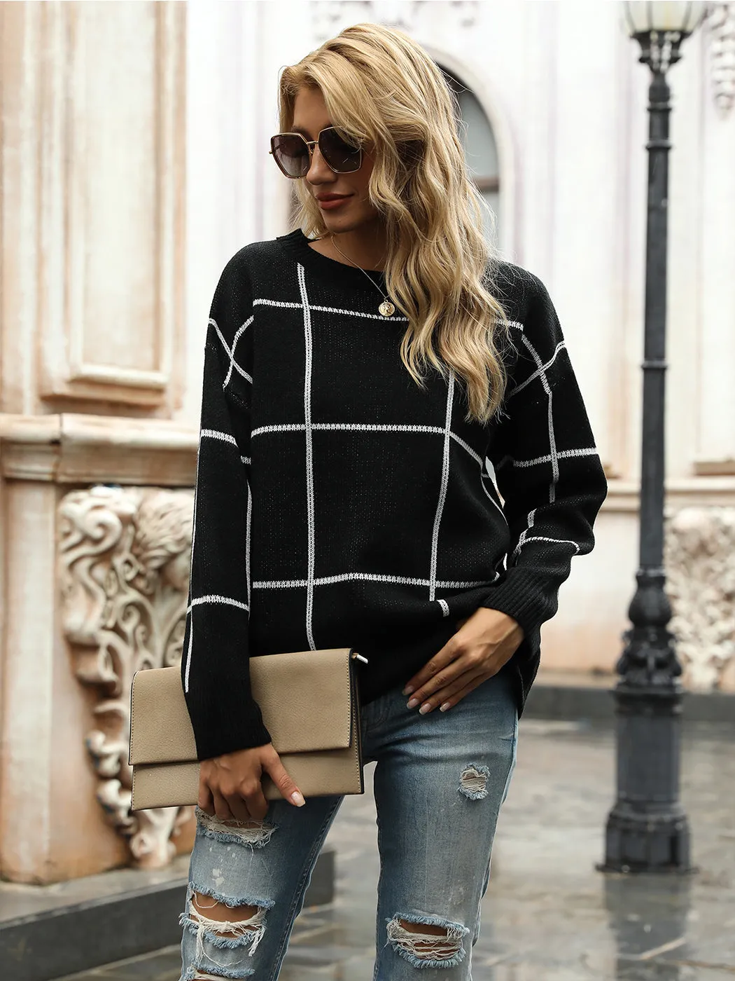 Crew Neck Ribbed Knit Pullover Sweater