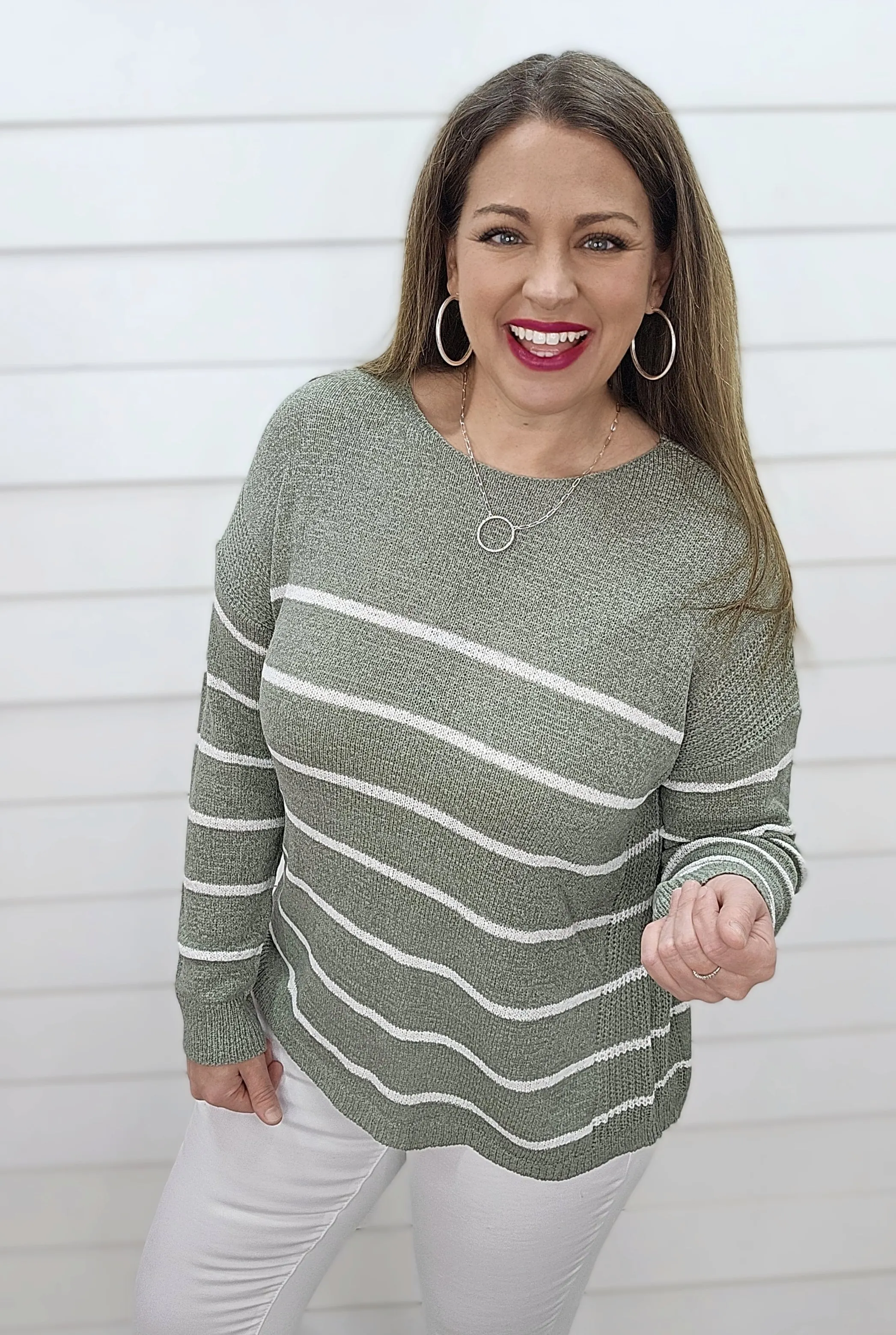 DARK SAGE RELAXED FIT STRIPED LIGHTWEIGHT SWEATER