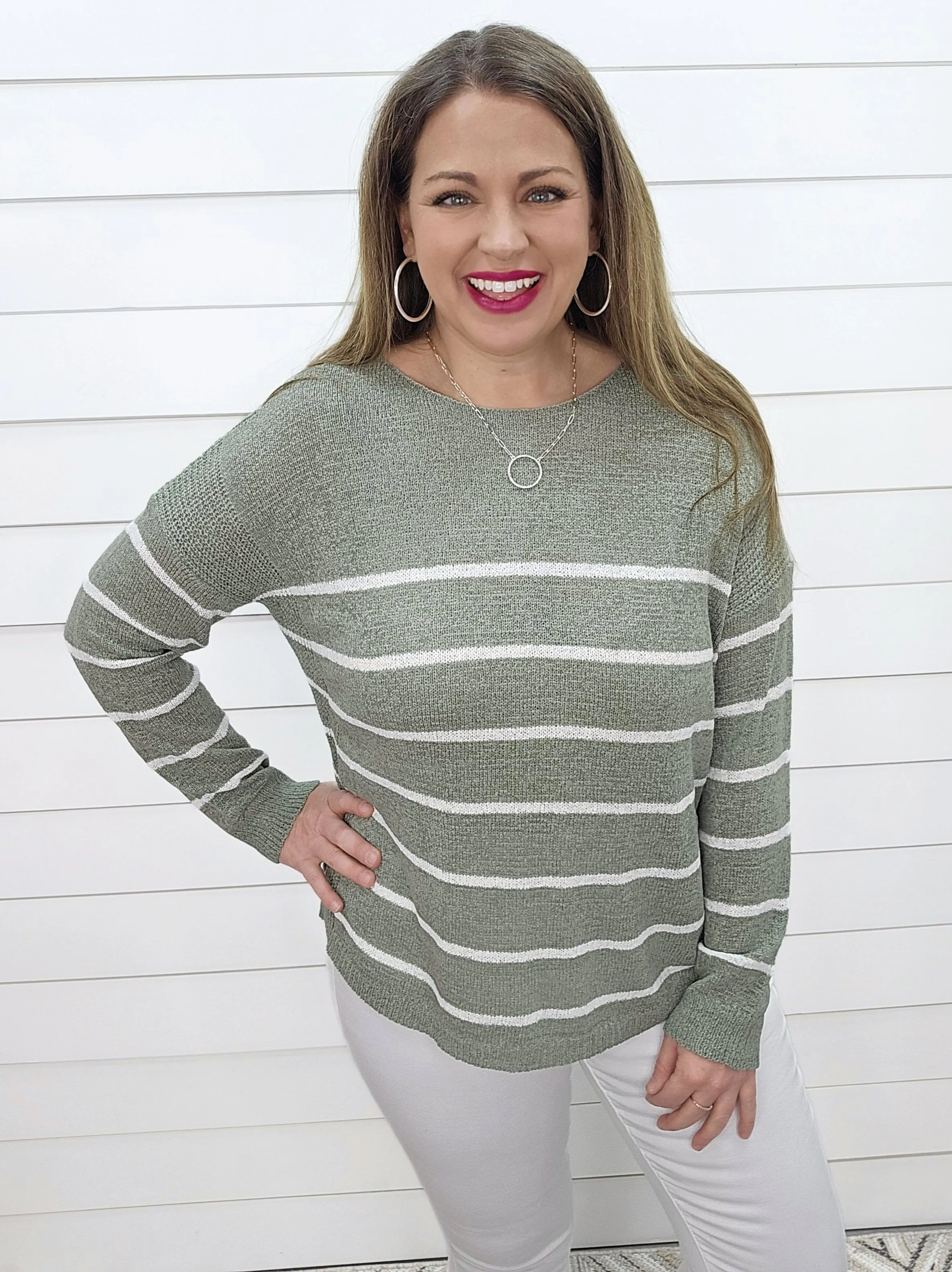 DARK SAGE RELAXED FIT STRIPED LIGHTWEIGHT SWEATER