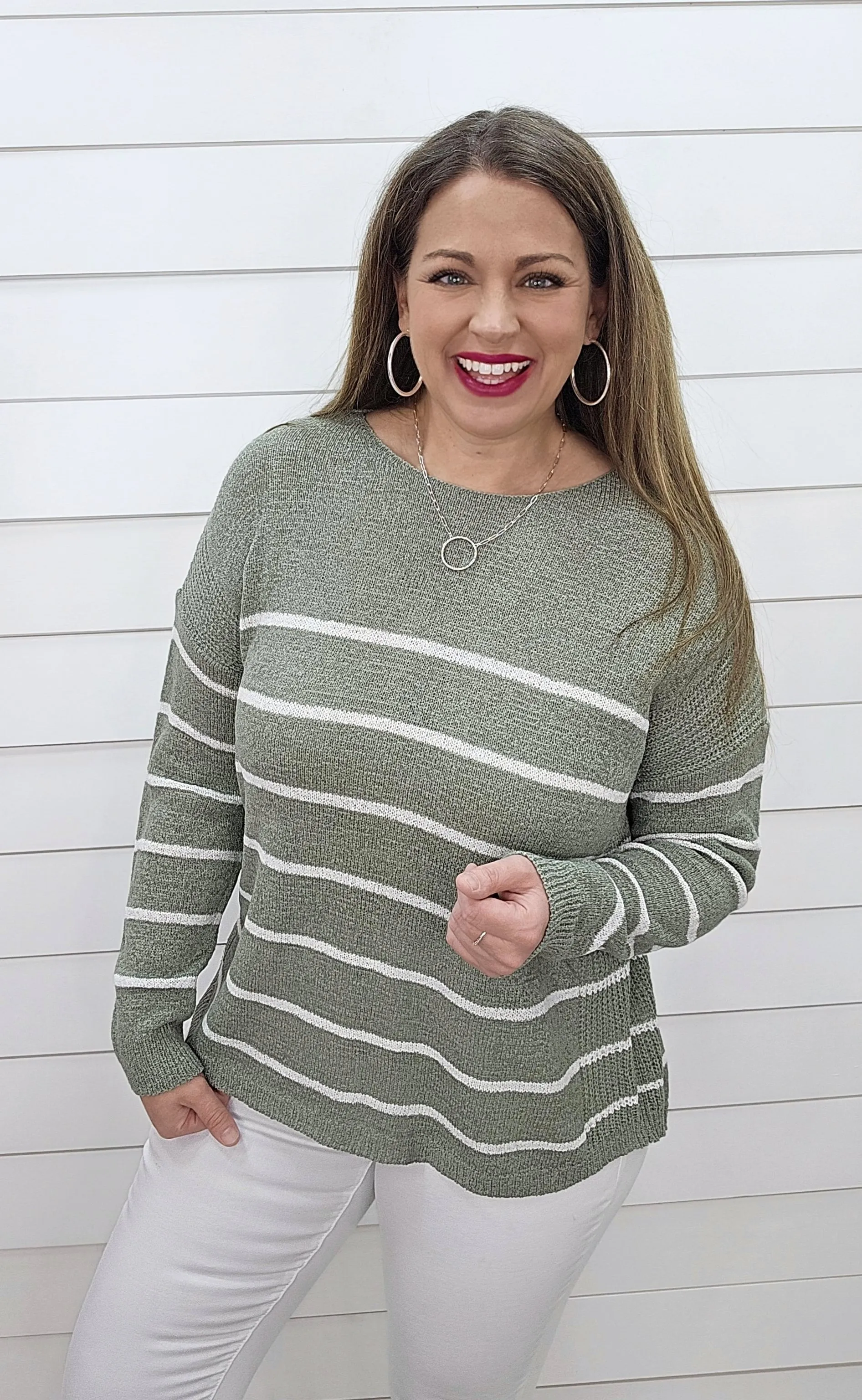 DARK SAGE RELAXED FIT STRIPED LIGHTWEIGHT SWEATER