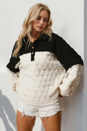 Double Take Quarter Button Contrast Quilted Sweatshirt