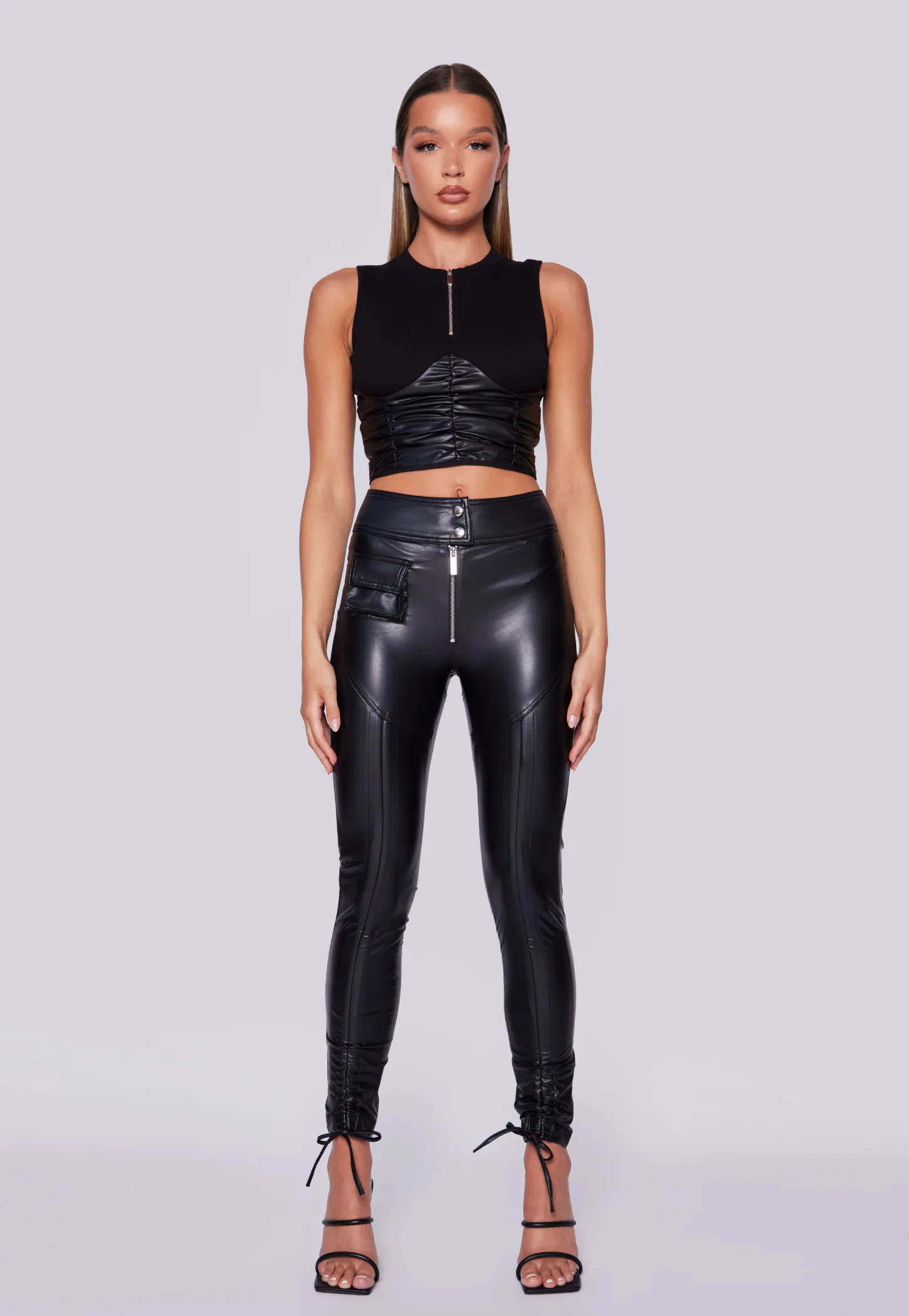 Faux Leather Adjustable Ruched Leggings - Black