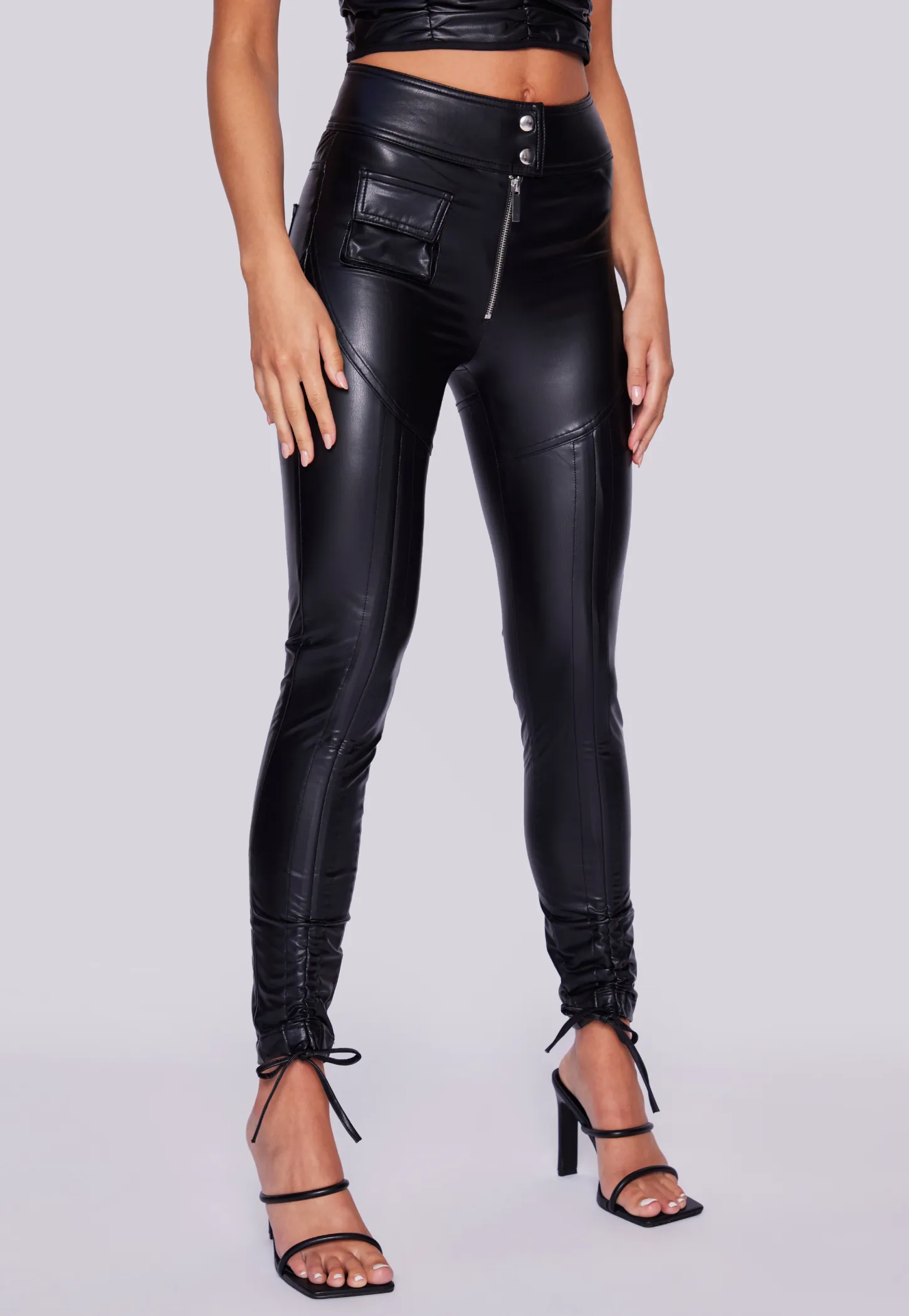 Faux Leather Adjustable Ruched Leggings - Black