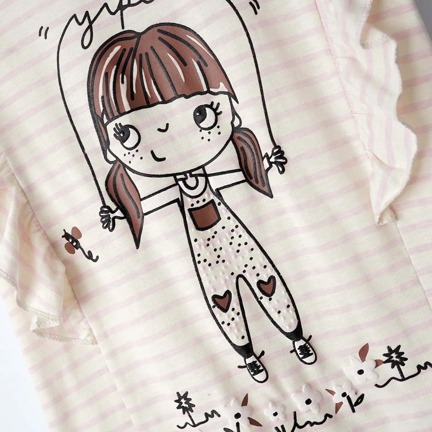 Girls Printed Soft Cotton Frill Shoulder Stripe T-Shirt