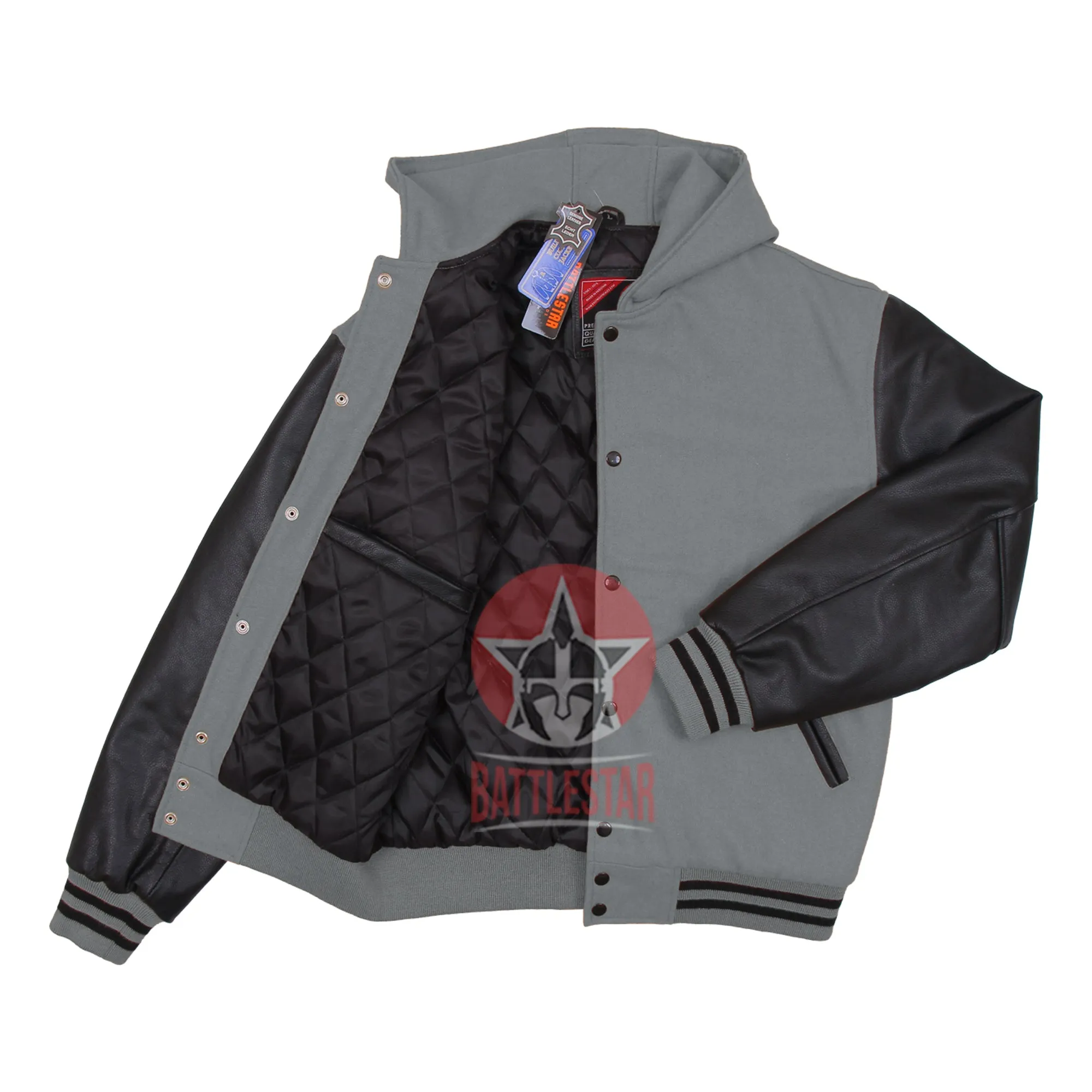 Gray Wool Black Leather Hooded Baseball Letterman Varsity Jacket