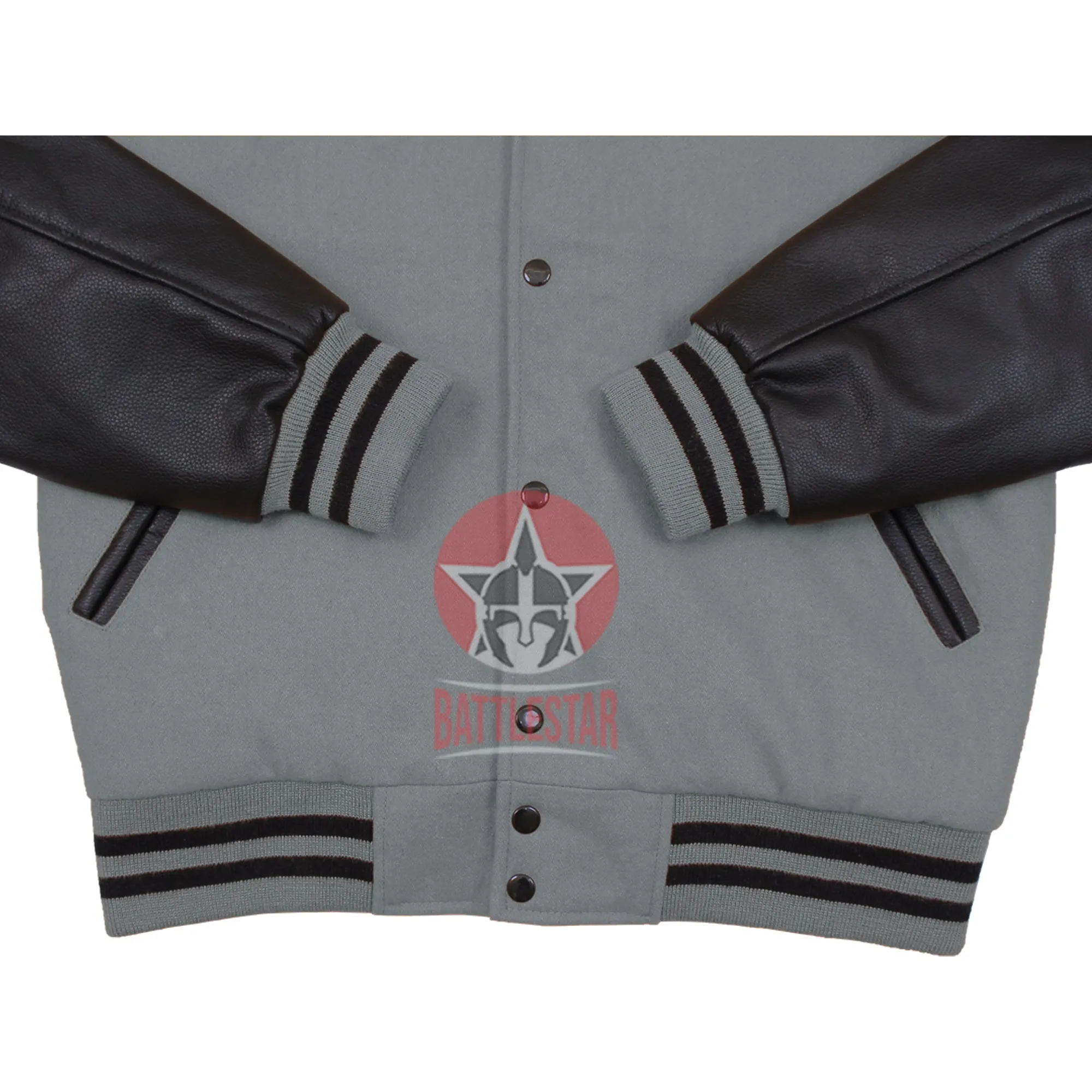 Gray Wool Black Leather Hooded Baseball Letterman Varsity Jacket