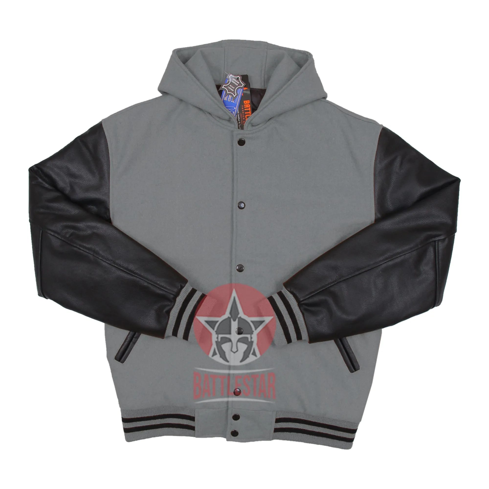 Gray Wool Black Leather Hooded Baseball Letterman Varsity Jacket