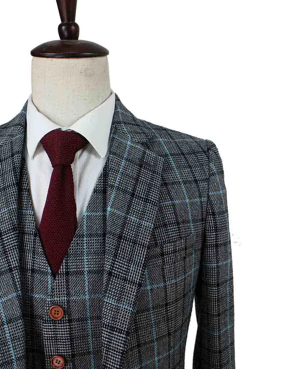 GREY BLUE HOUNDSTOOTH PLAID TWEED 3 PIECE SUIT