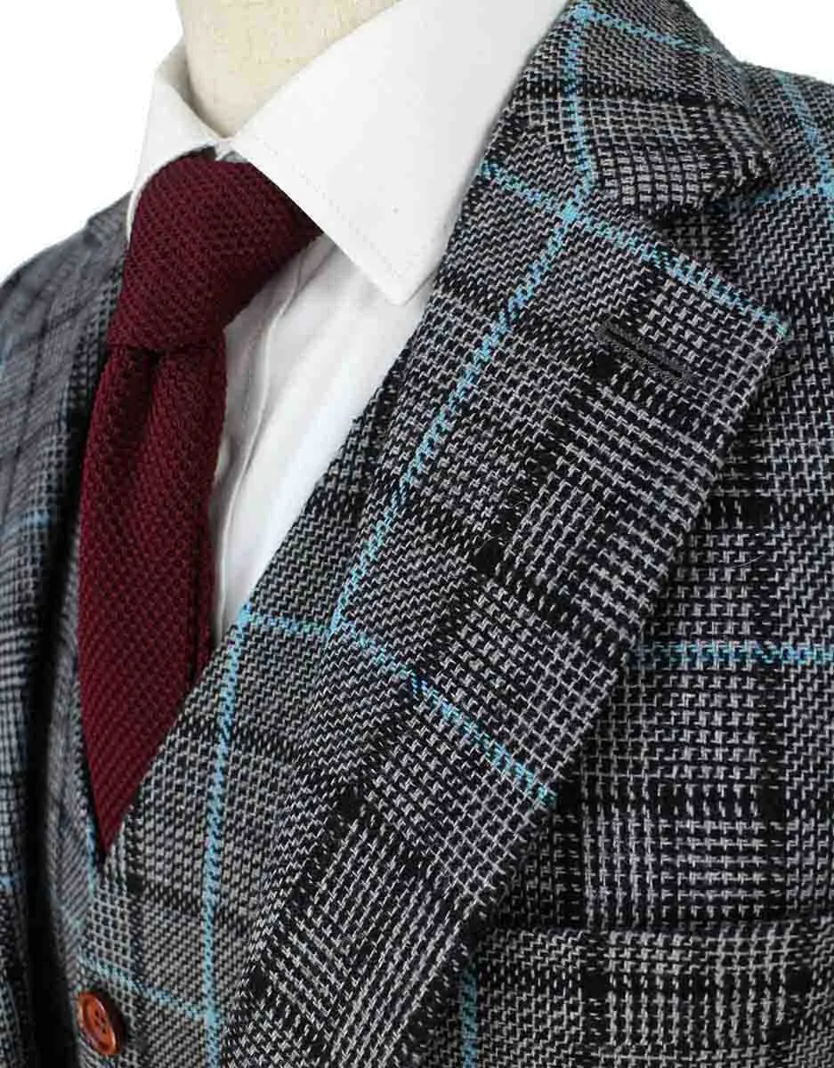 GREY BLUE HOUNDSTOOTH PLAID TWEED 3 PIECE SUIT