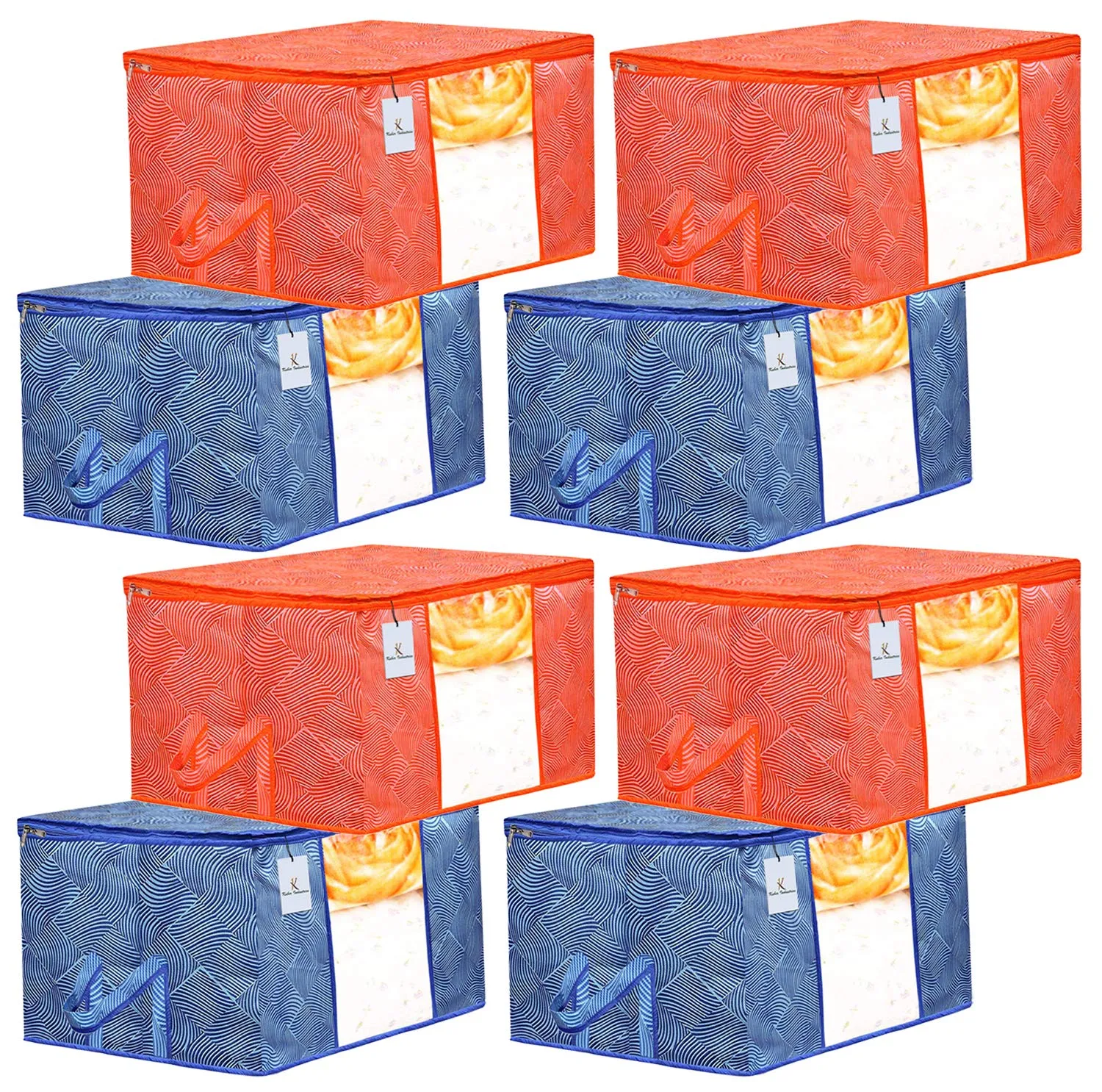 Heart Home Leheriya Printed 8 Piece Non Woven Fabric Underbed Storage Bag,Cloth Organiser,Blanket Cover with Transparent Window, Orange & Blue - CTHH23029