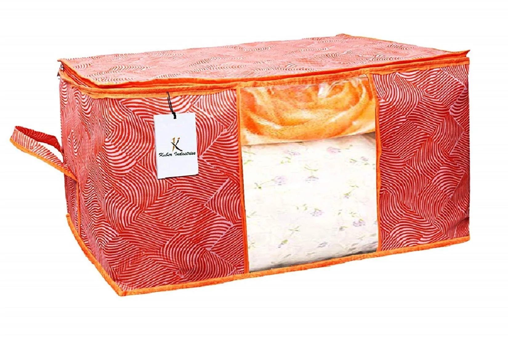 Heart Home Leheriya Printed 8 Piece Non Woven Fabric Underbed Storage Bag,Cloth Organiser,Blanket Cover with Transparent Window, Orange & Blue - CTHH23029