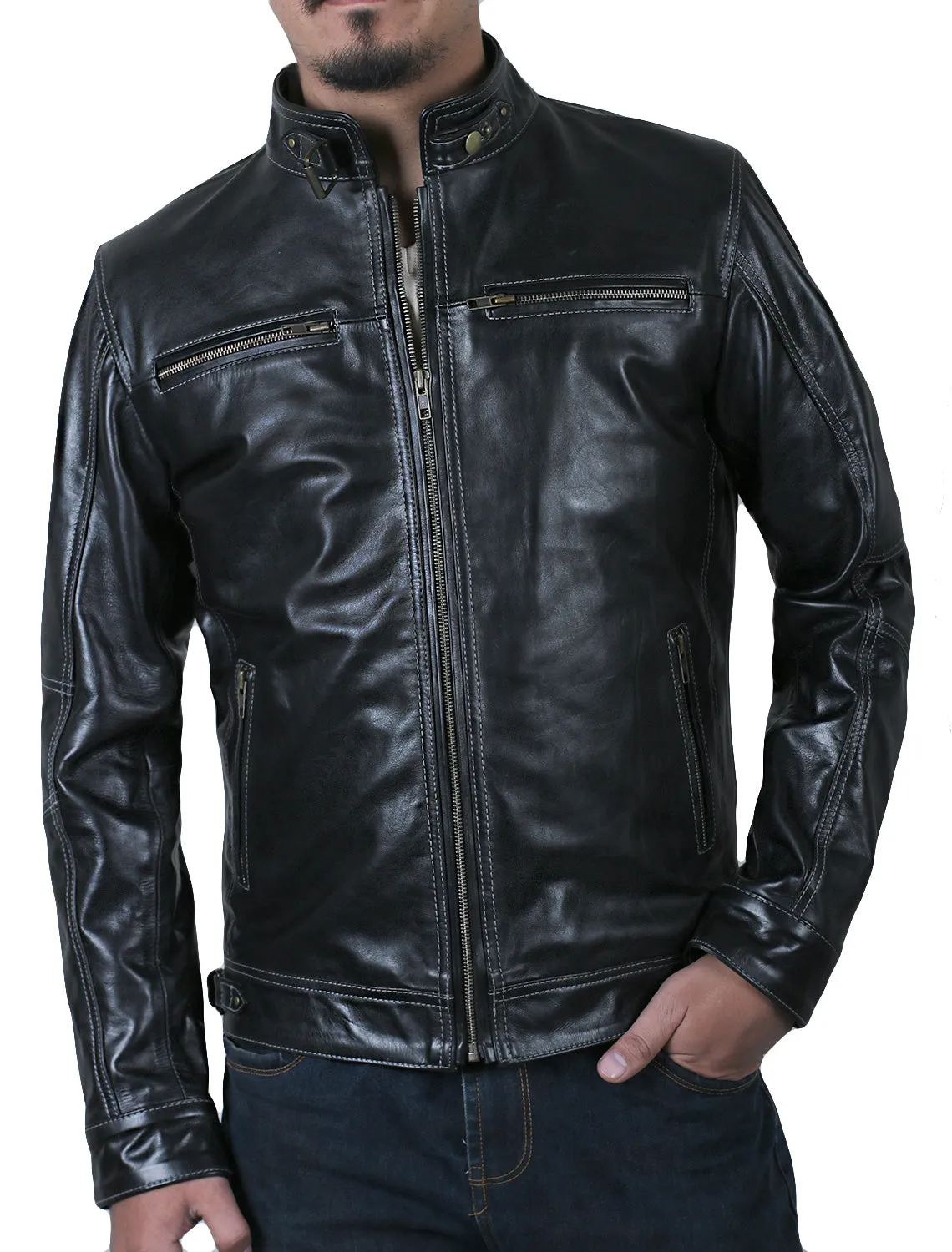 Leather Jackets Hub Mens Genuine Cowhide Leather Jacket (Black, Racer Jacket) - 1501631