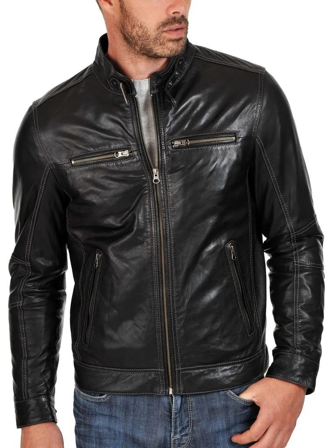 Leather Jackets Hub Mens Genuine Cowhide Leather Jacket (Black, Racer Jacket) - 1501631