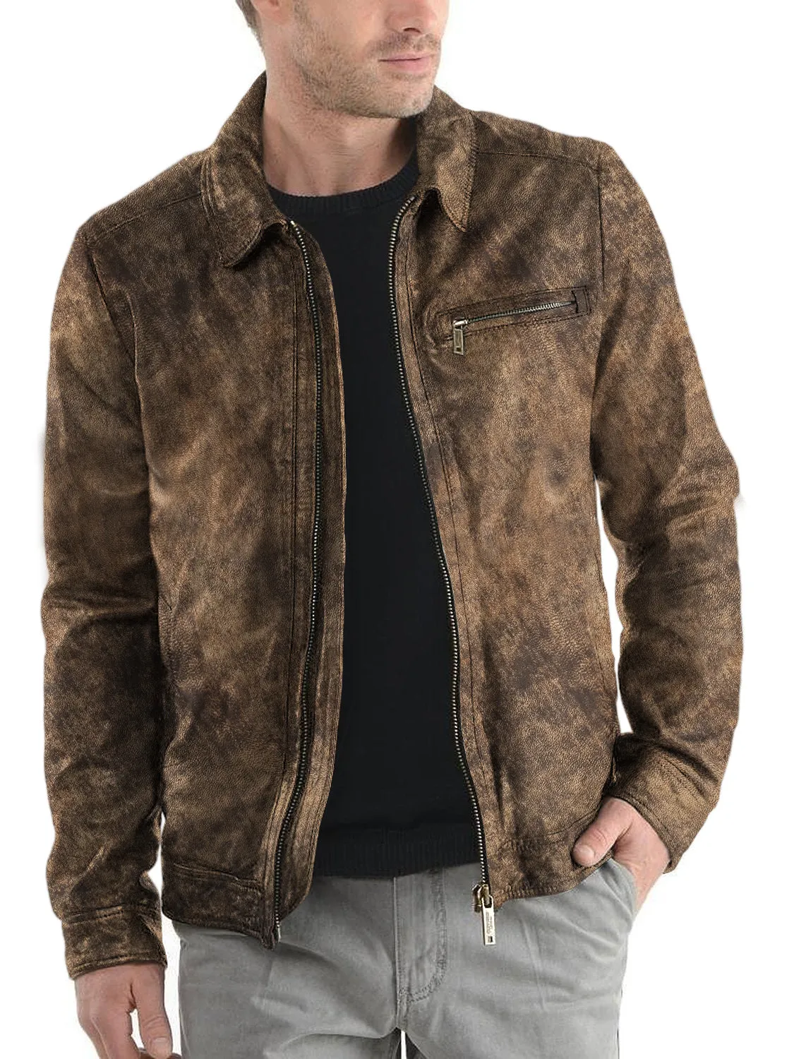 Leather Jackets Hub Mens Genuine Lambskin Leather Jacket (Black, Aviator Jacket) - 1501013