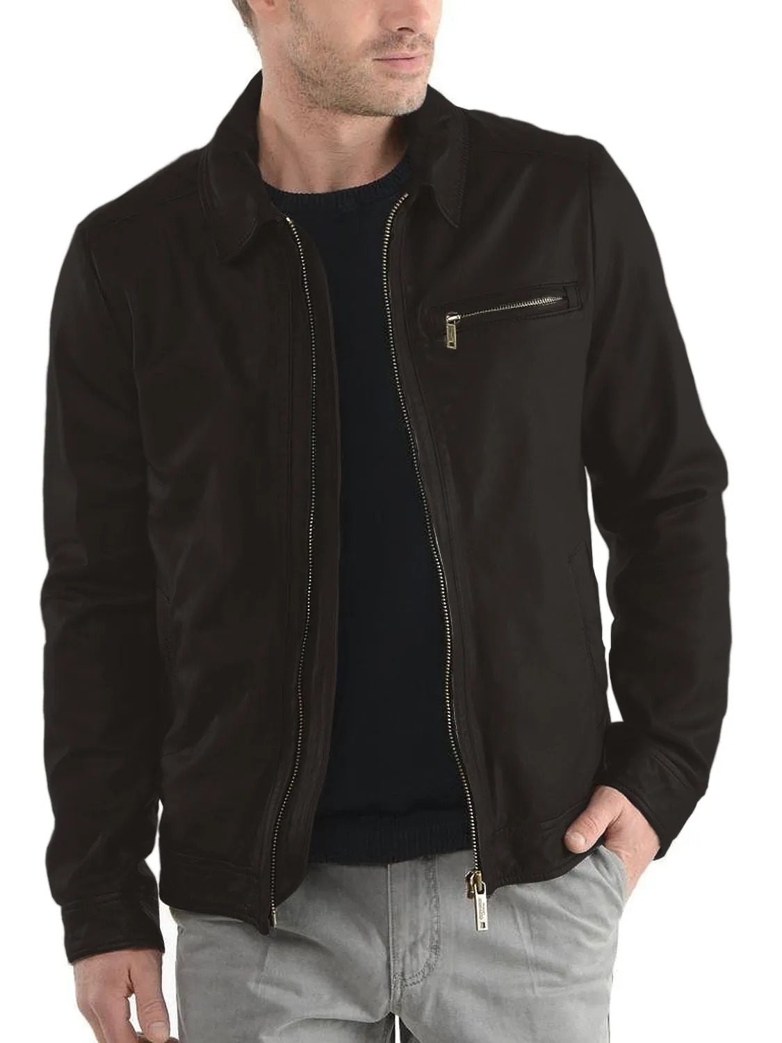 Leather Jackets Hub Mens Genuine Lambskin Leather Jacket (Black, Aviator Jacket) - 1501013