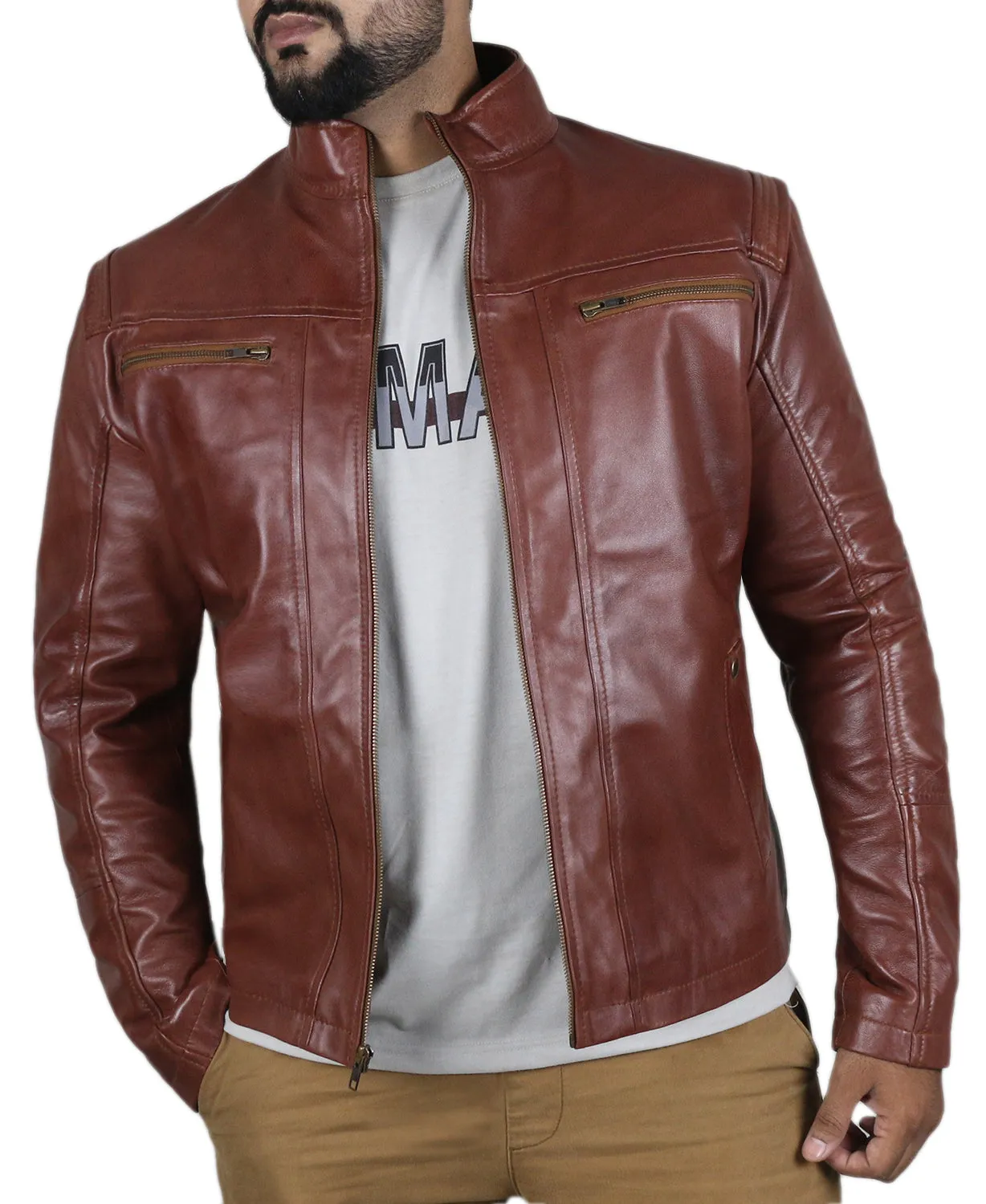 Leather Jackets Hub Mens Genuine Lambskin Leather Jacket (Black, Racer Jacket) - 1501489