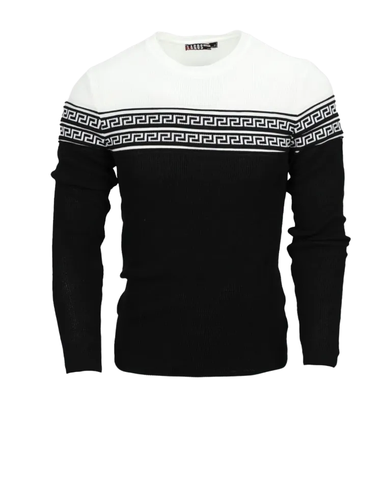 LRLAGOS RED Black and White Men's Crewneck Sweaters Greek Key style Slim-Fit