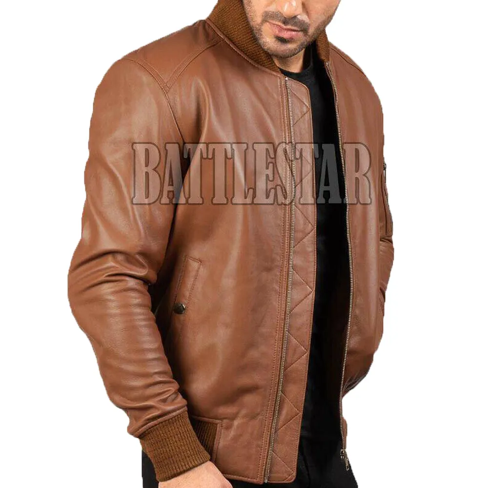 MA-1 Full Leather Classic Varsity Baseball Brown Jacket