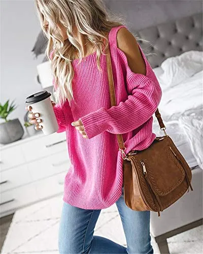 MaQiYa Women's Cold Shoulder Oversized Sweaters Batwing Long Sleeve Square Neck Chunky Knit Fall Tunic Sweater Tops Pink