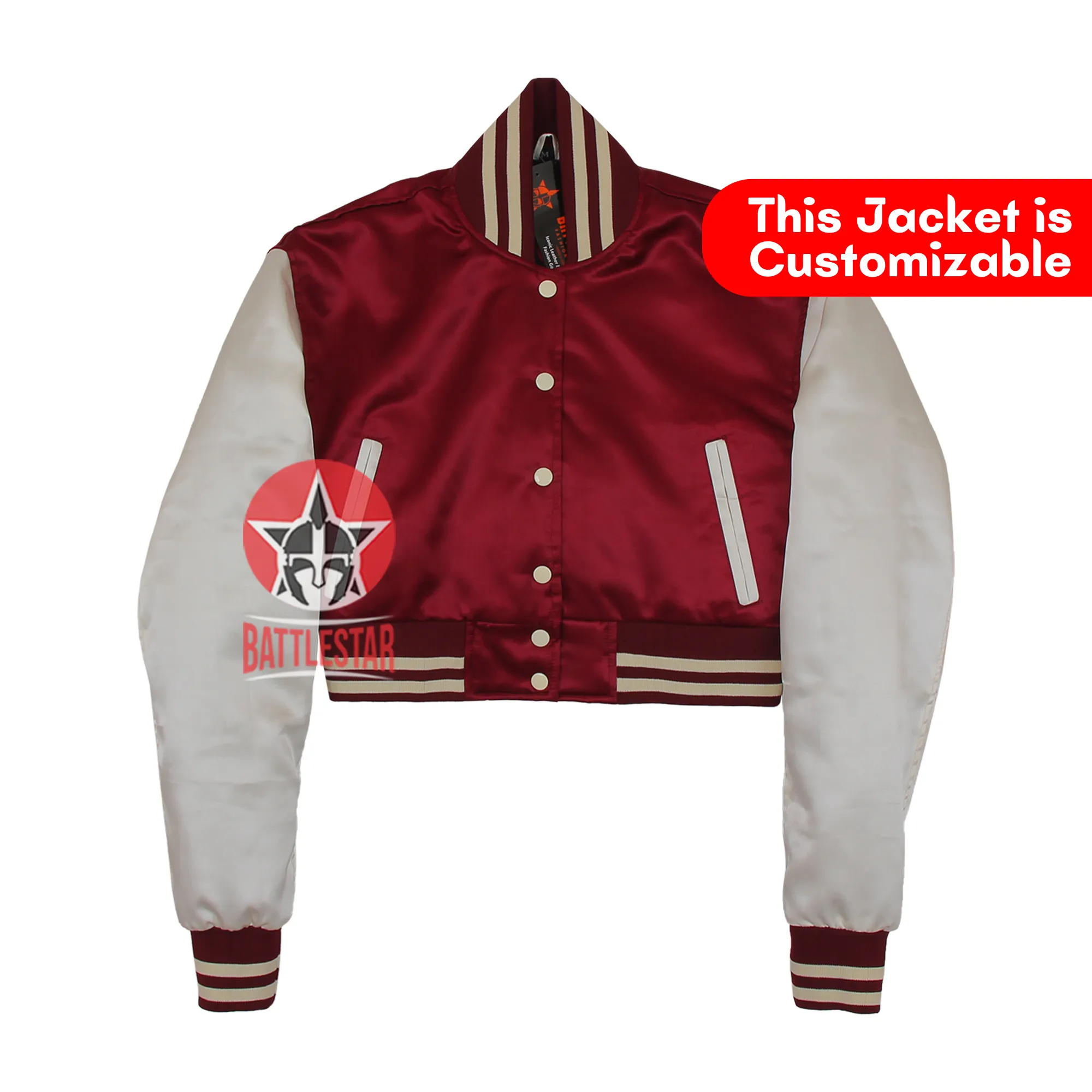 Maroon & Off White Cropped Body Satin Varsity Jacket