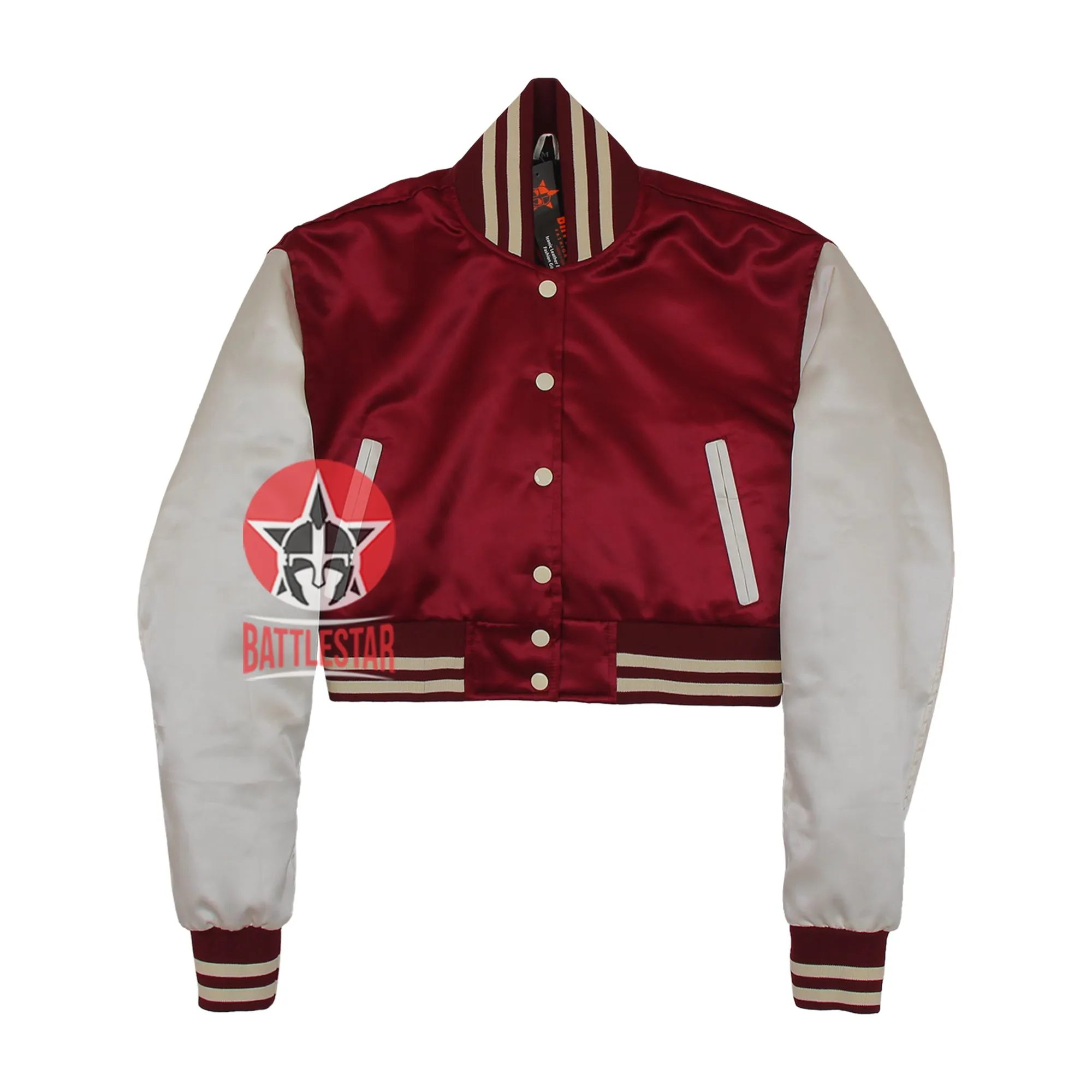 Maroon & Off White Cropped Body Satin Varsity Jacket