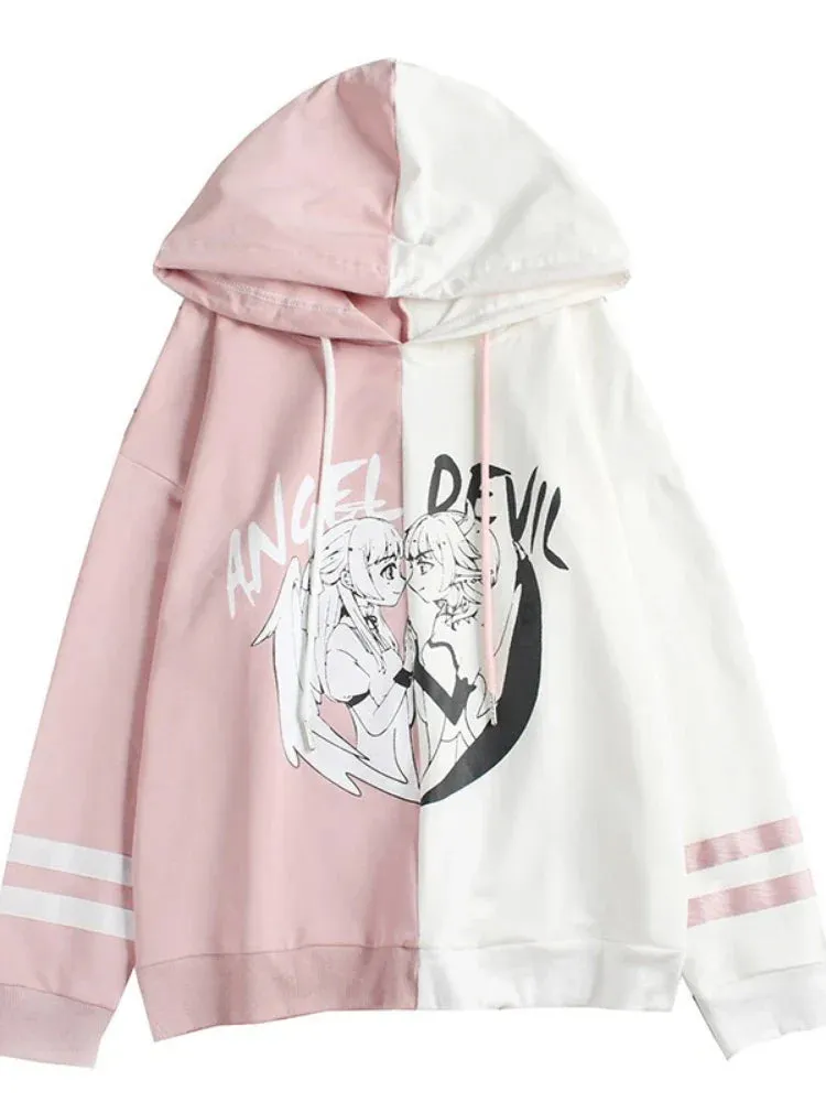 Metaversmall Kawaii Women Hooded Hoodies Long Sleeve Lovely Patchwork Cute Girls Sweet Sweatshirt Female Pullovers