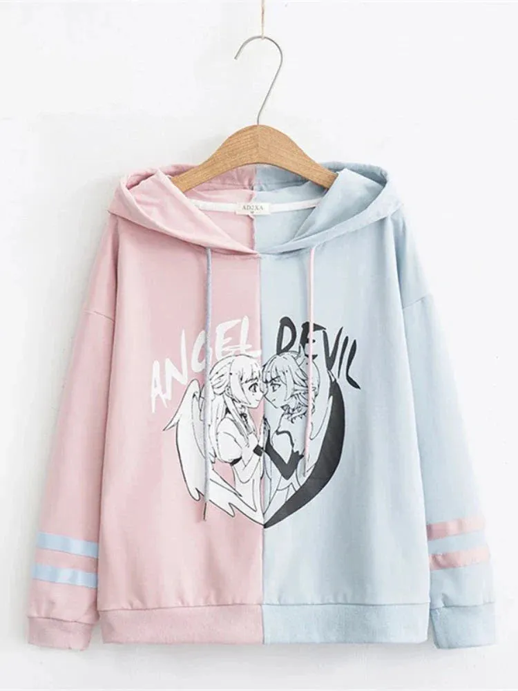 Metaversmall Kawaii Women Hooded Hoodies Long Sleeve Lovely Patchwork Cute Girls Sweet Sweatshirt Female Pullovers