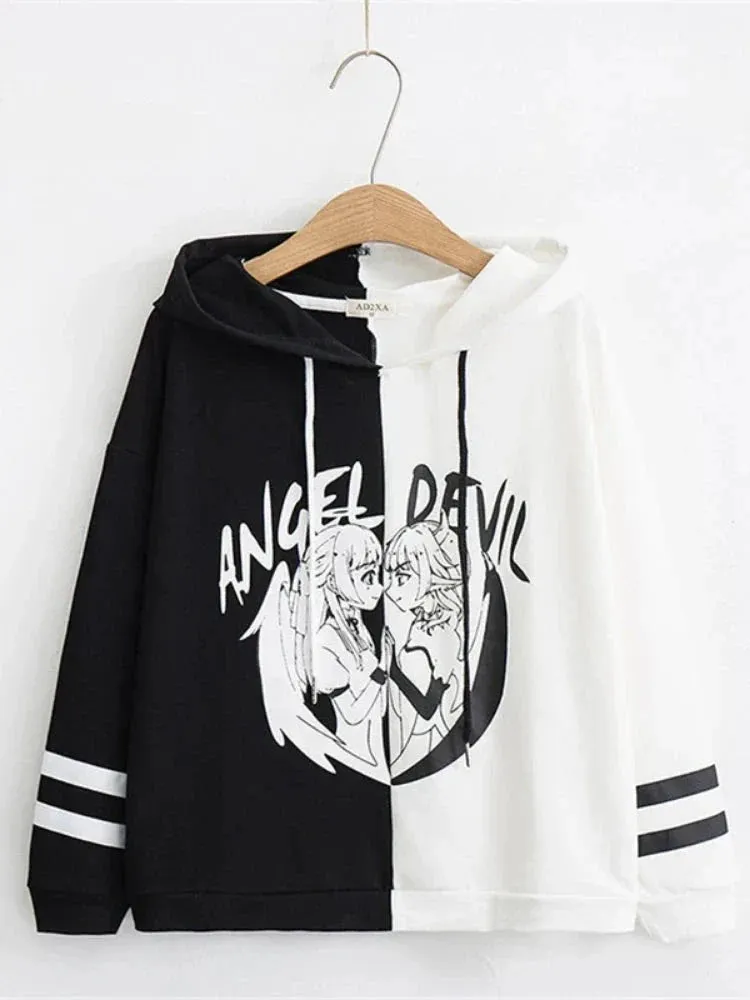 Metaversmall Kawaii Women Hooded Hoodies Long Sleeve Lovely Patchwork Cute Girls Sweet Sweatshirt Female Pullovers